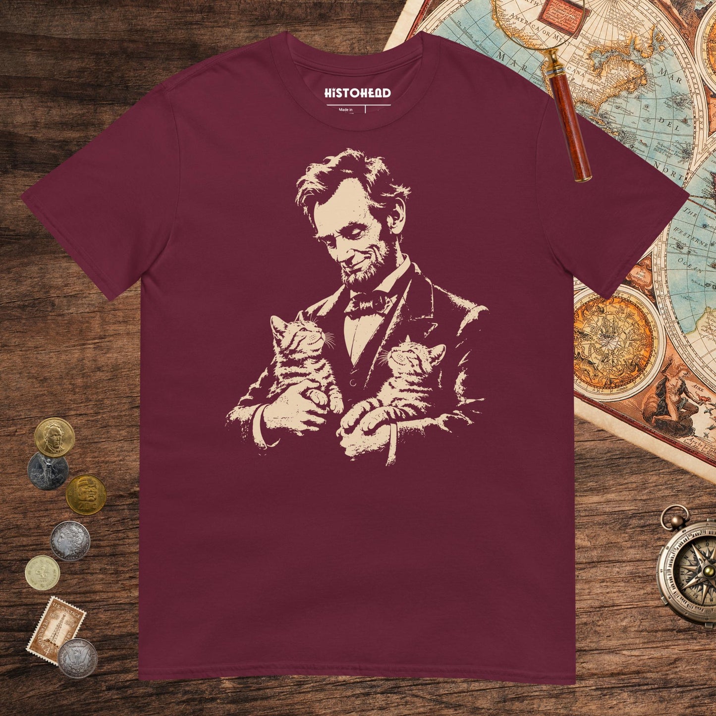 Maroon Lincoln's Cats Tee - history buff gift by HistoHead