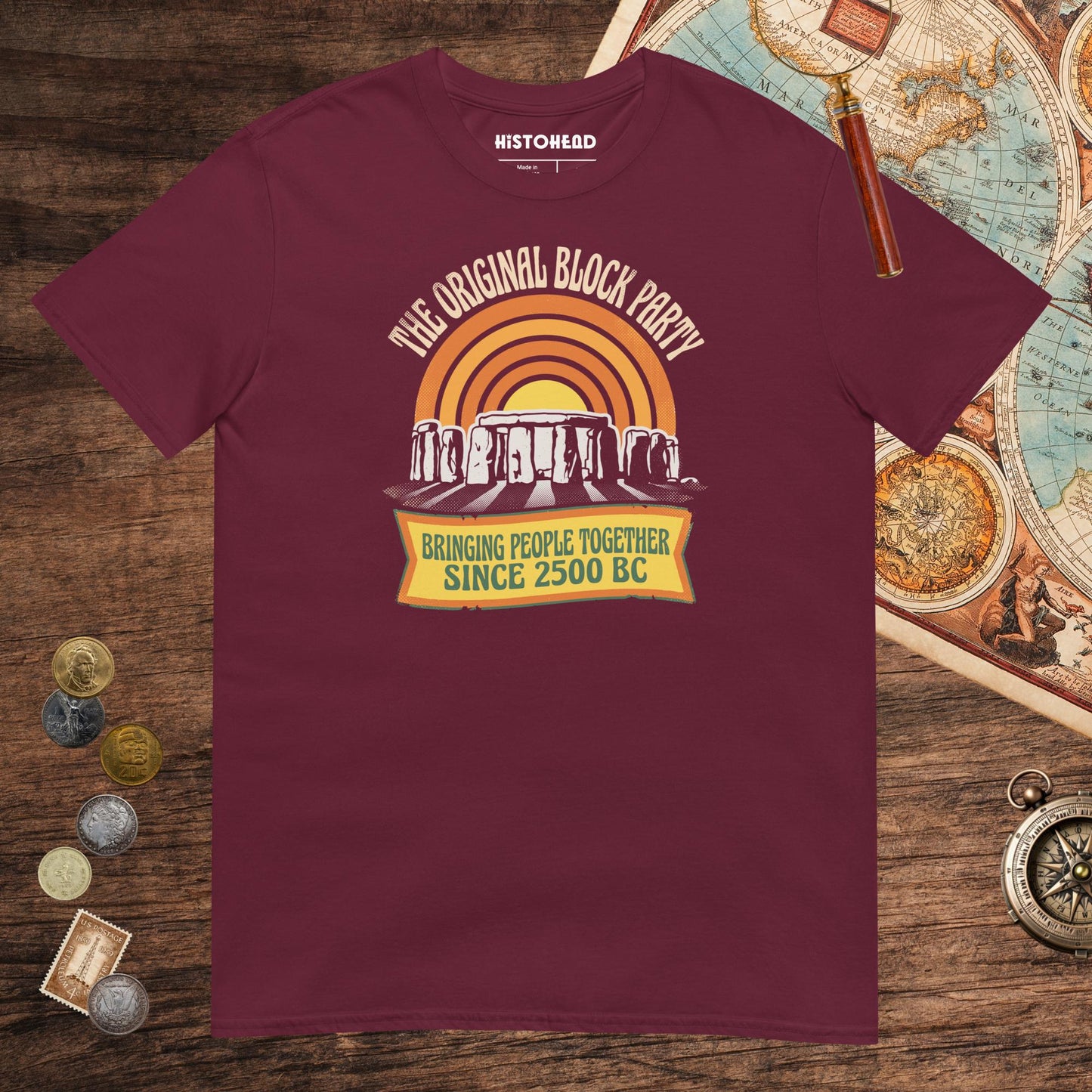 Maroon Stonehenge Block Party Tee - history buff gift by HistoHead