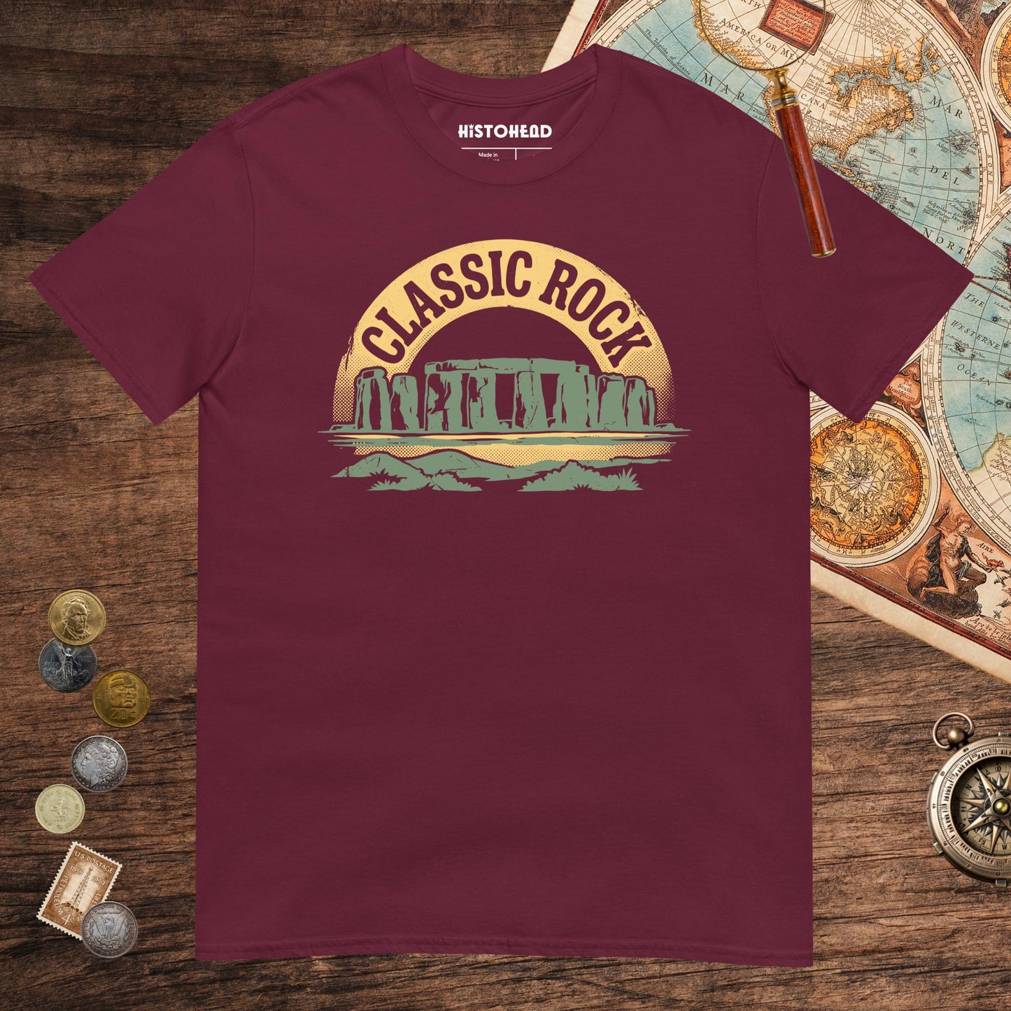 Maroon Stonehenge Classic Rock Tee - history buff gift by HistoHead