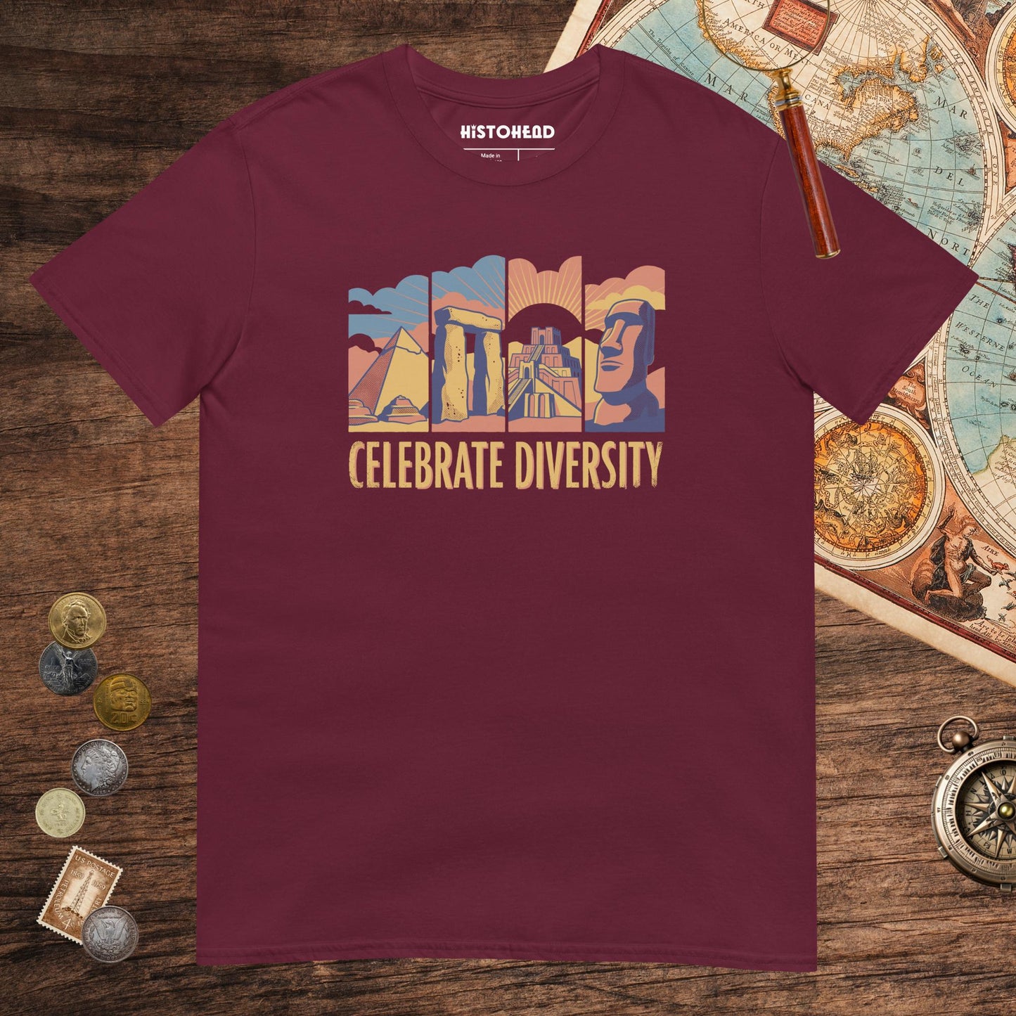 Maroon Celebrate Diversity Stone Wonders Edition Tee - history buff gift by HistoHead