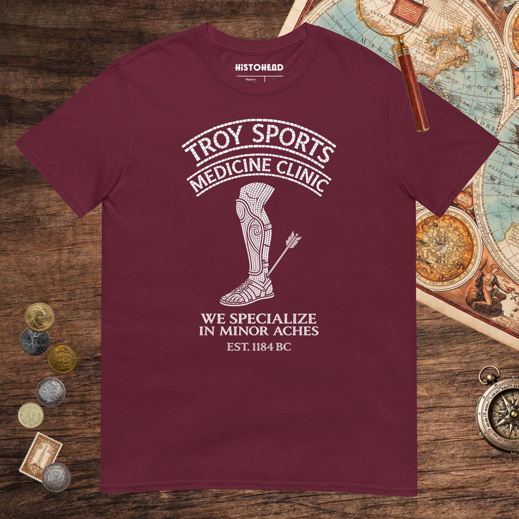 Maroon Troy Sports Medicine Clinic Tee - history buff gift by HistoHead