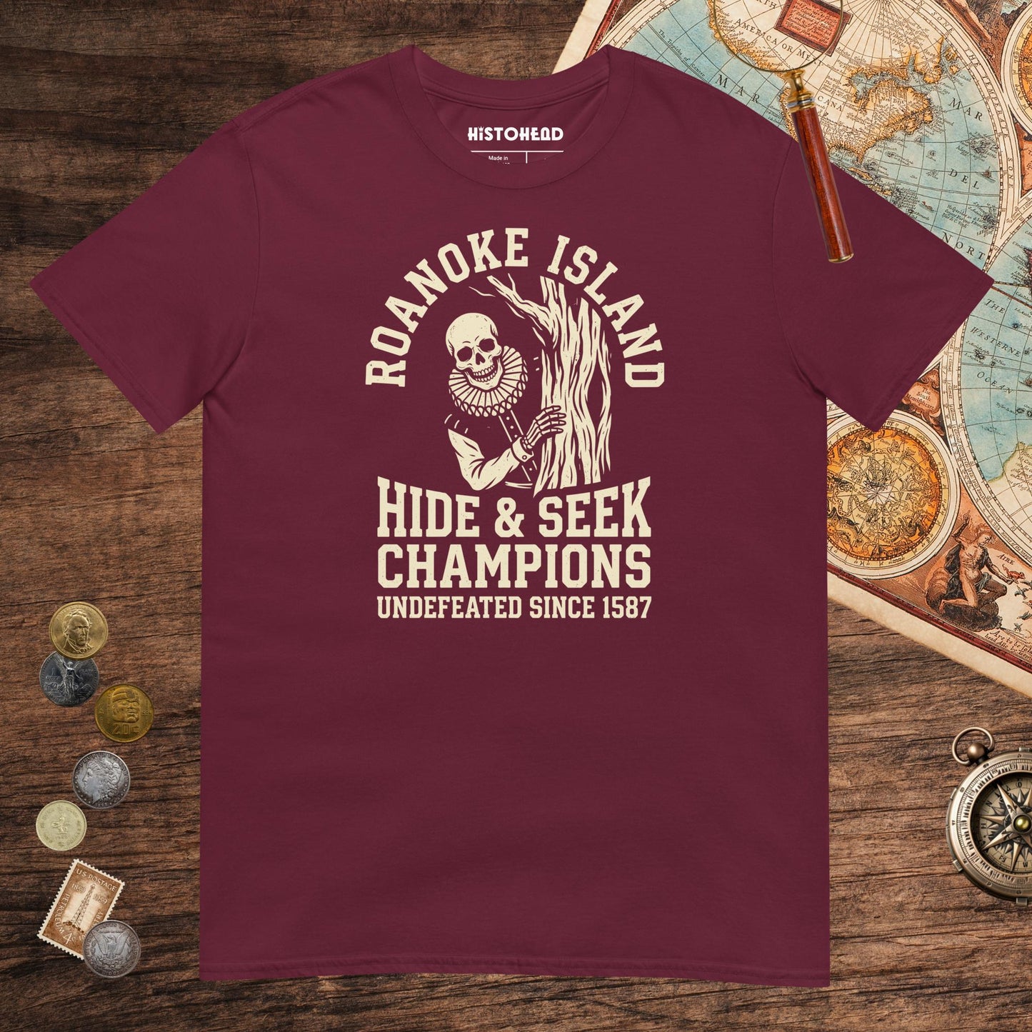Maroon Roanoke Island Hide & Seek Tee - history buff gift by HistoHead