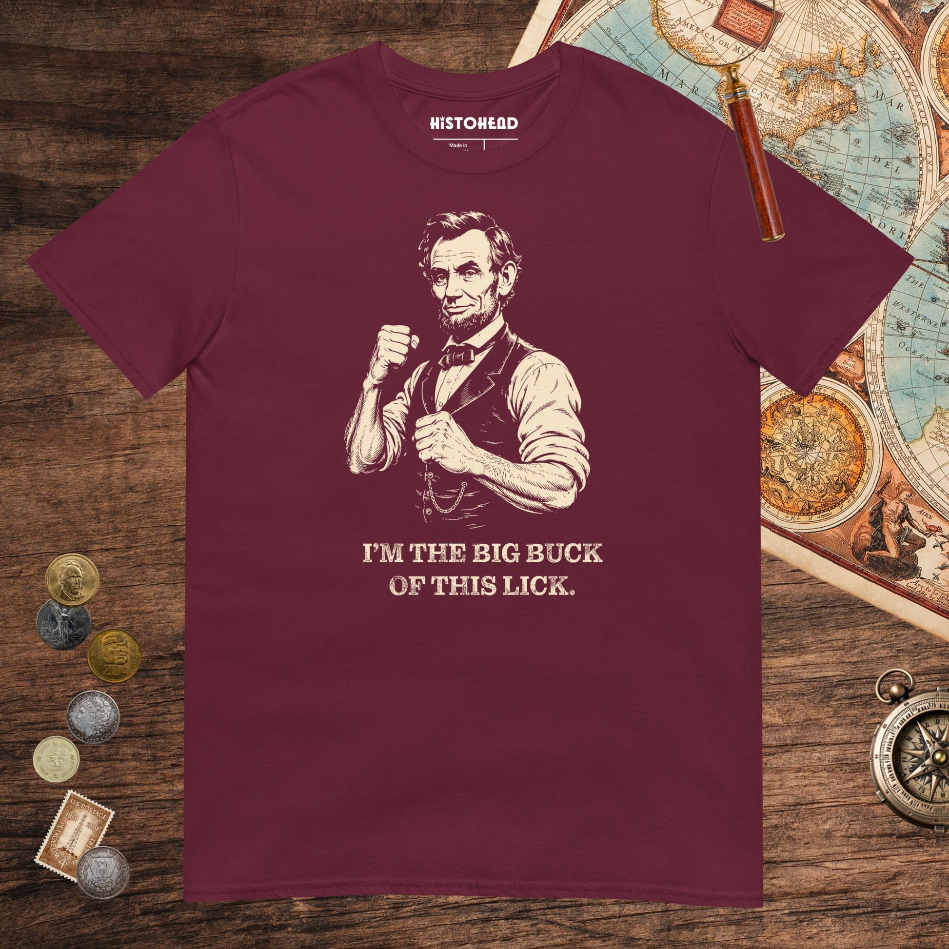 Maroon Lincoln The Big Buck Tee - history buff gift by HistoHead