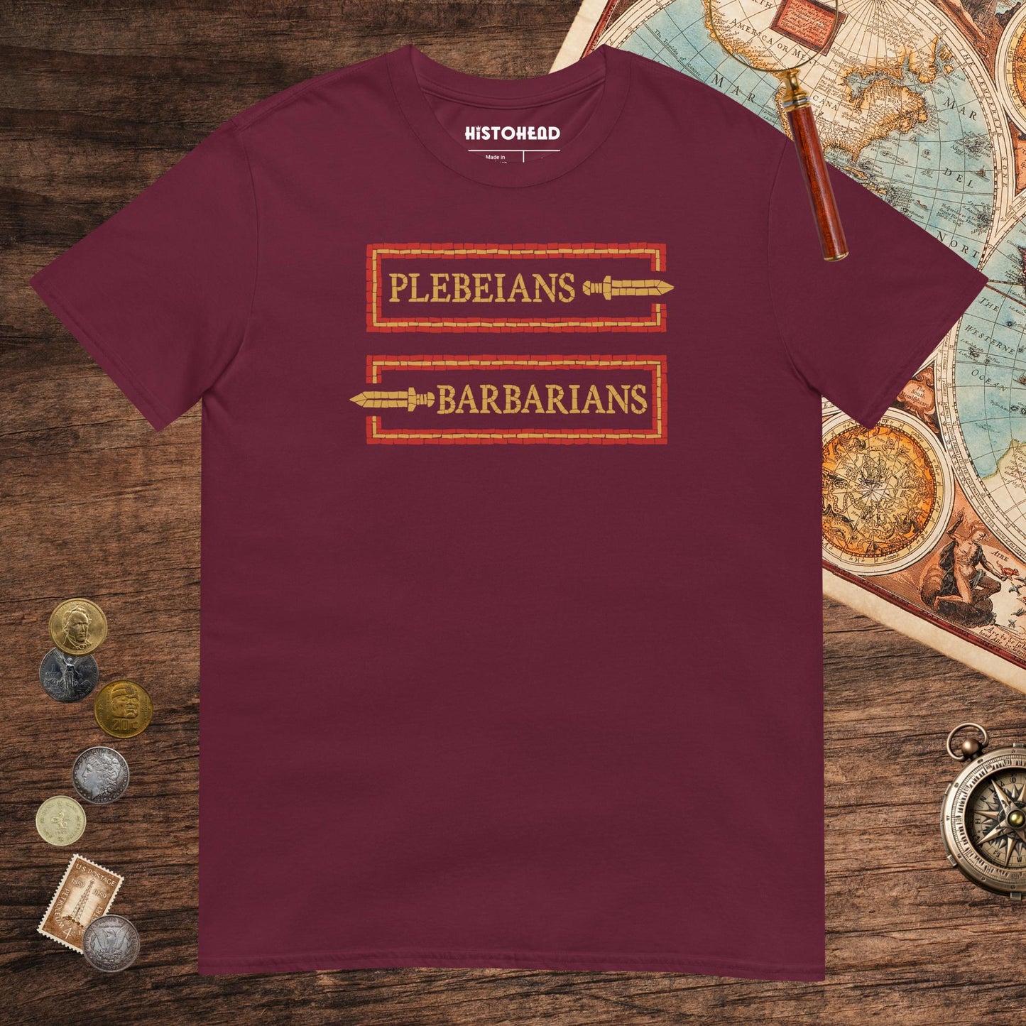 Maroon Mosaic Plebeians or Barbarians Tee - history buff gift by HistoHead