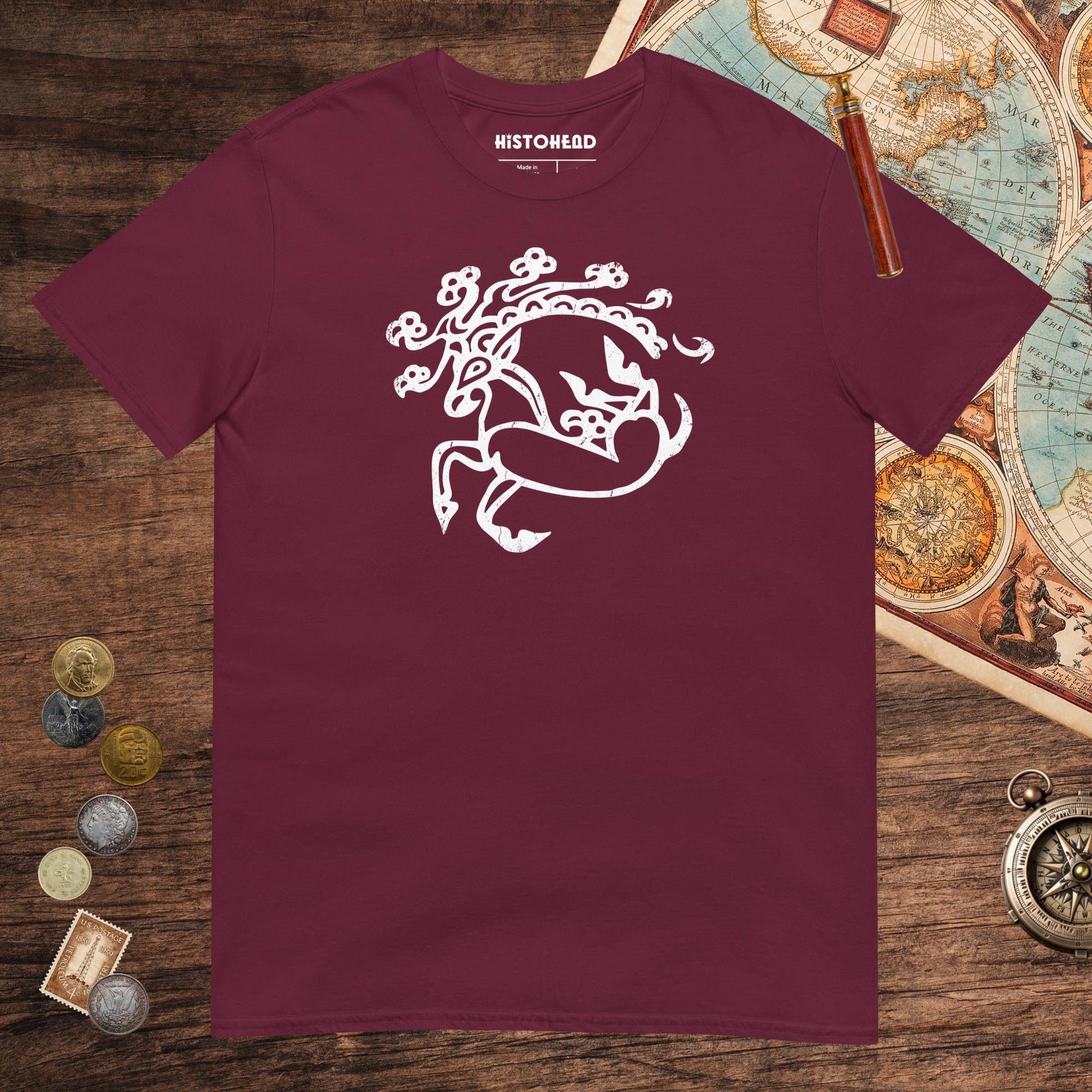 Maroon Siberian Ice Maiden Deer Tee - history buff gift by HistoHead