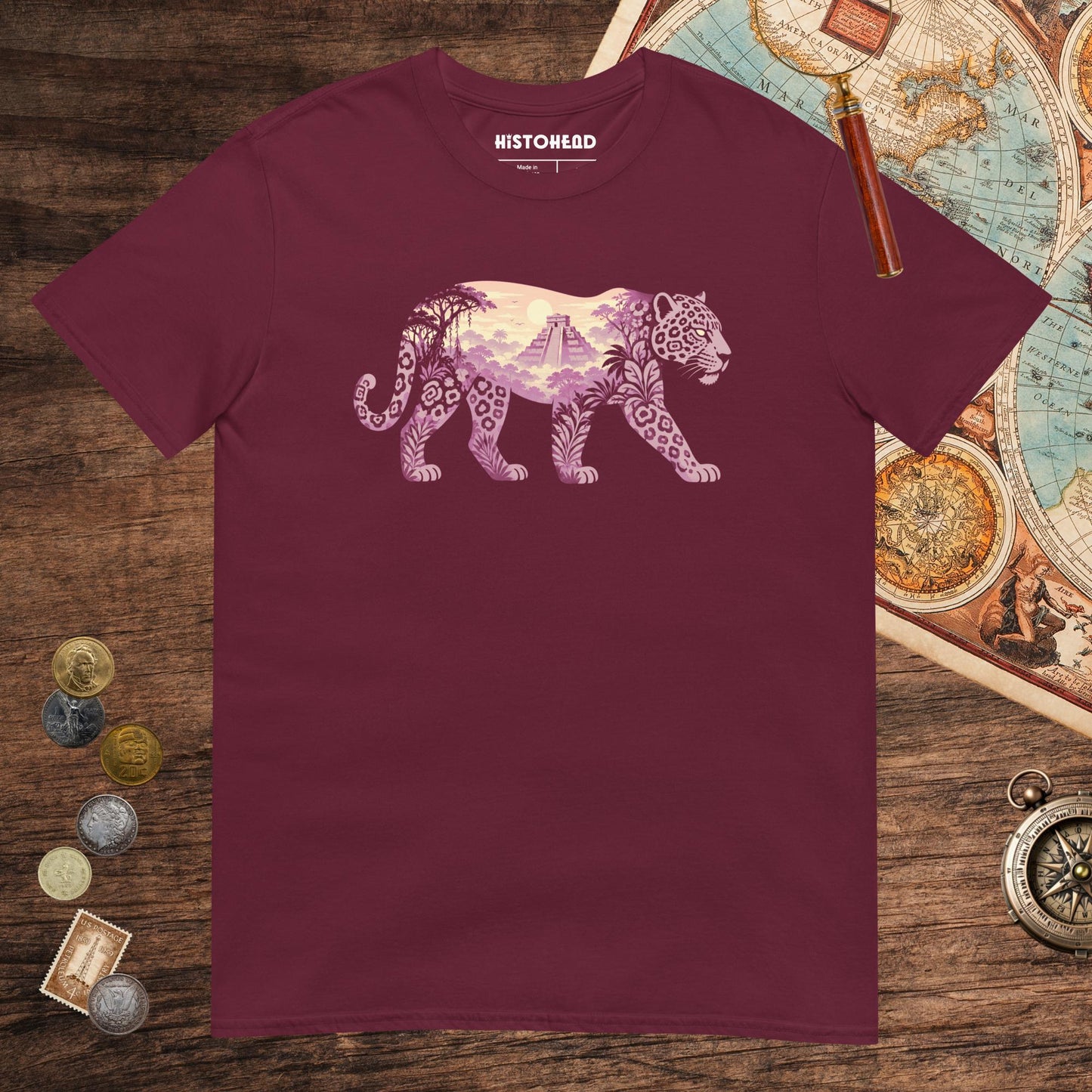 Maroon Mesoamerican Jaguar Tee - history buff gift by HistoHead