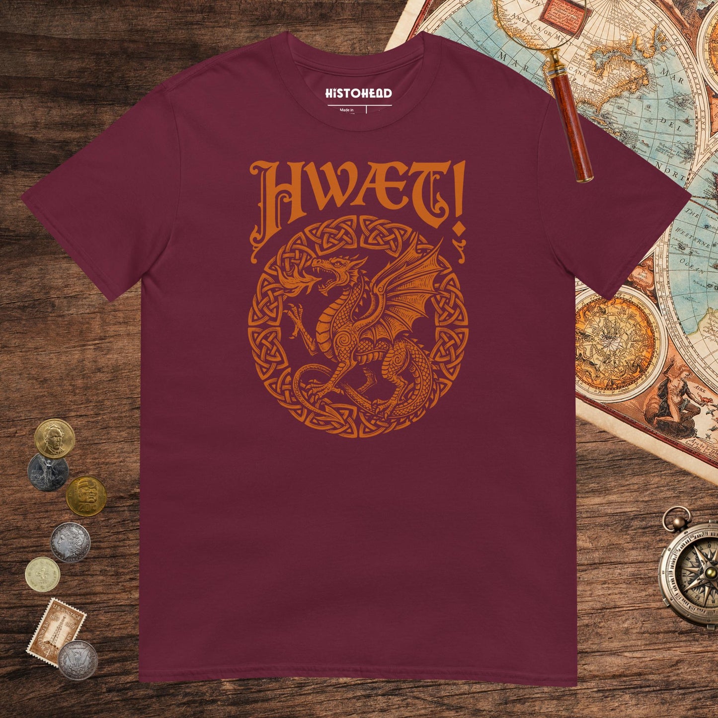 Maroon Hwaet Dragon Tee - history buff gift by HistoHead