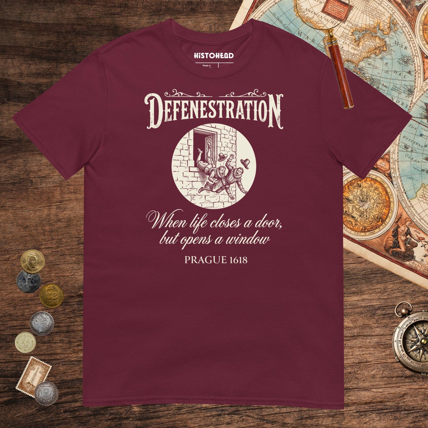 Maroon Defenestration When Life Closes A Door But Opens A Window Tee - history buff gift by HistoHead