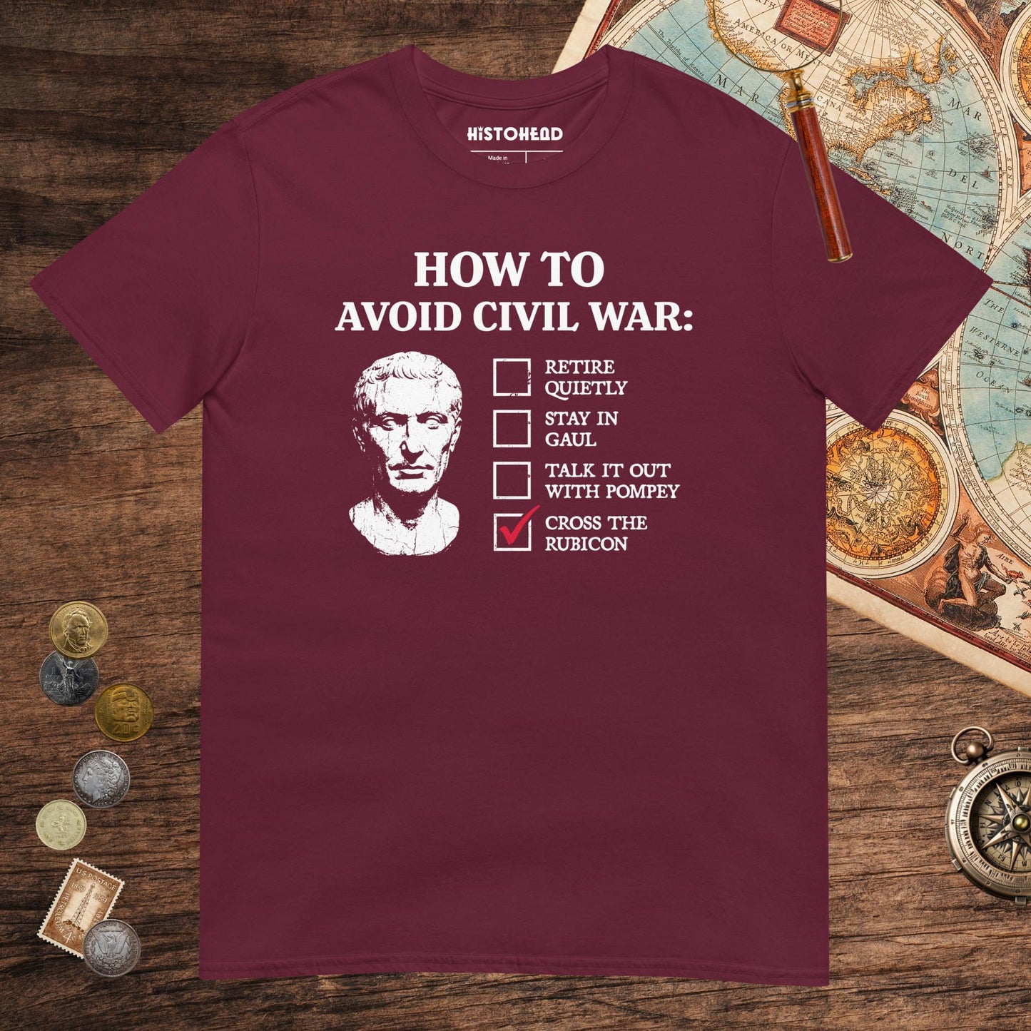 Maroon Caesar's Peace Plan Tee - history buff gift by HistoHead