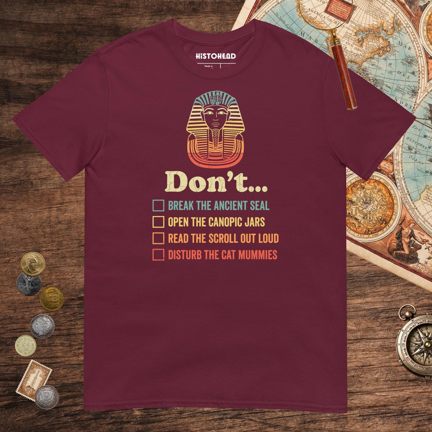 Maroon King Tutankhamun Advice Tee - history buff gift by HistoHead