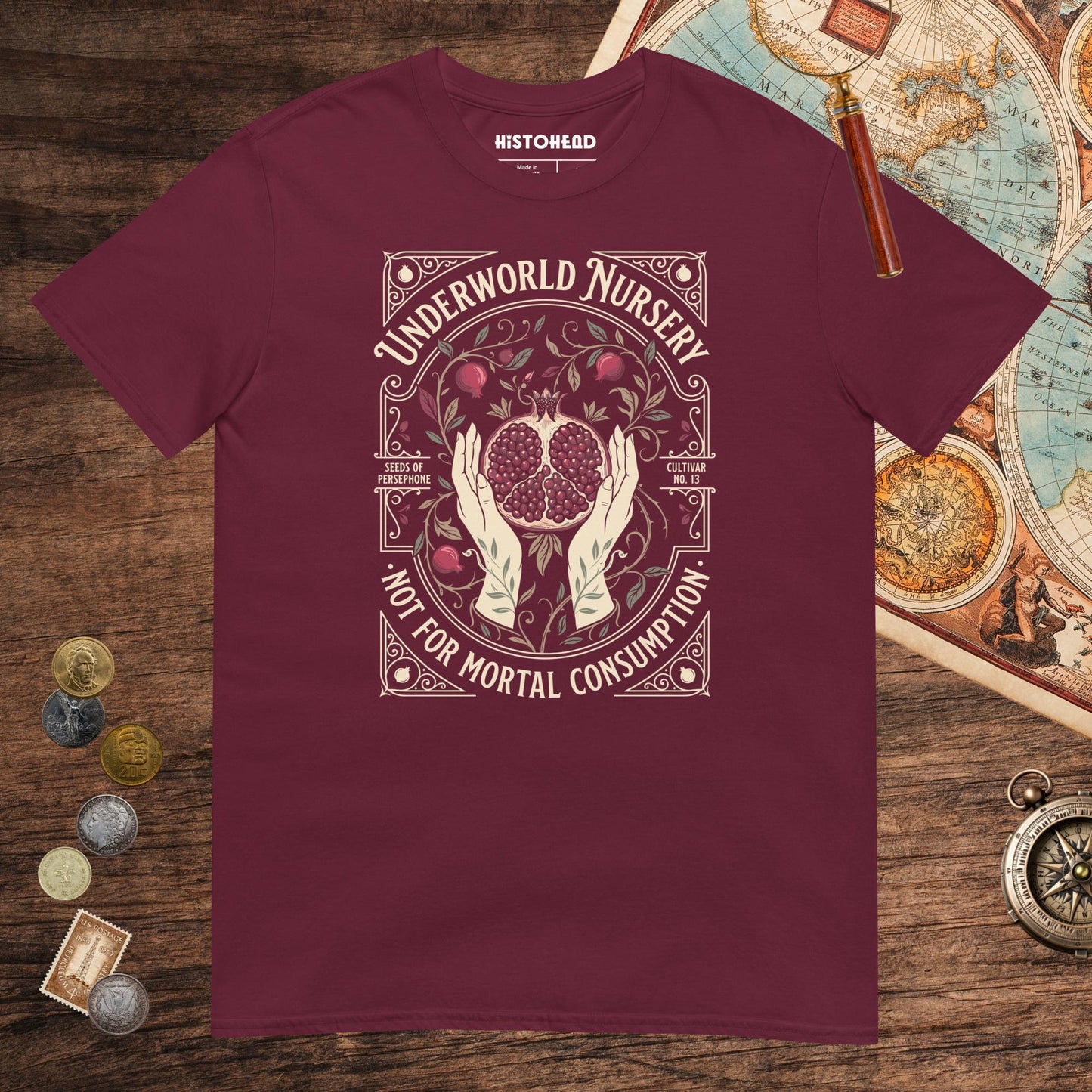 Maroon Persephone Underworld Nursery Tee - history buff gift by HistoHead