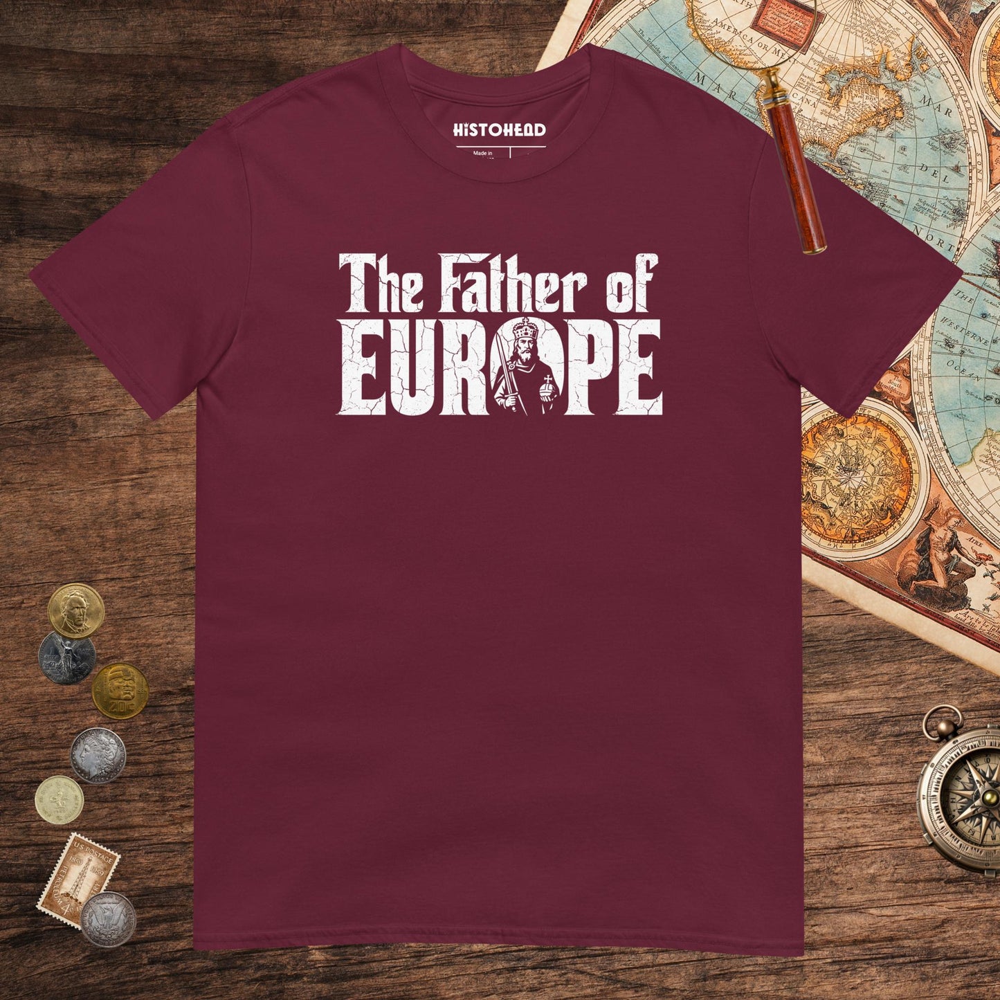 Maroon Charlemagne The Father of Europe Tee - history buff gift by HistoHead