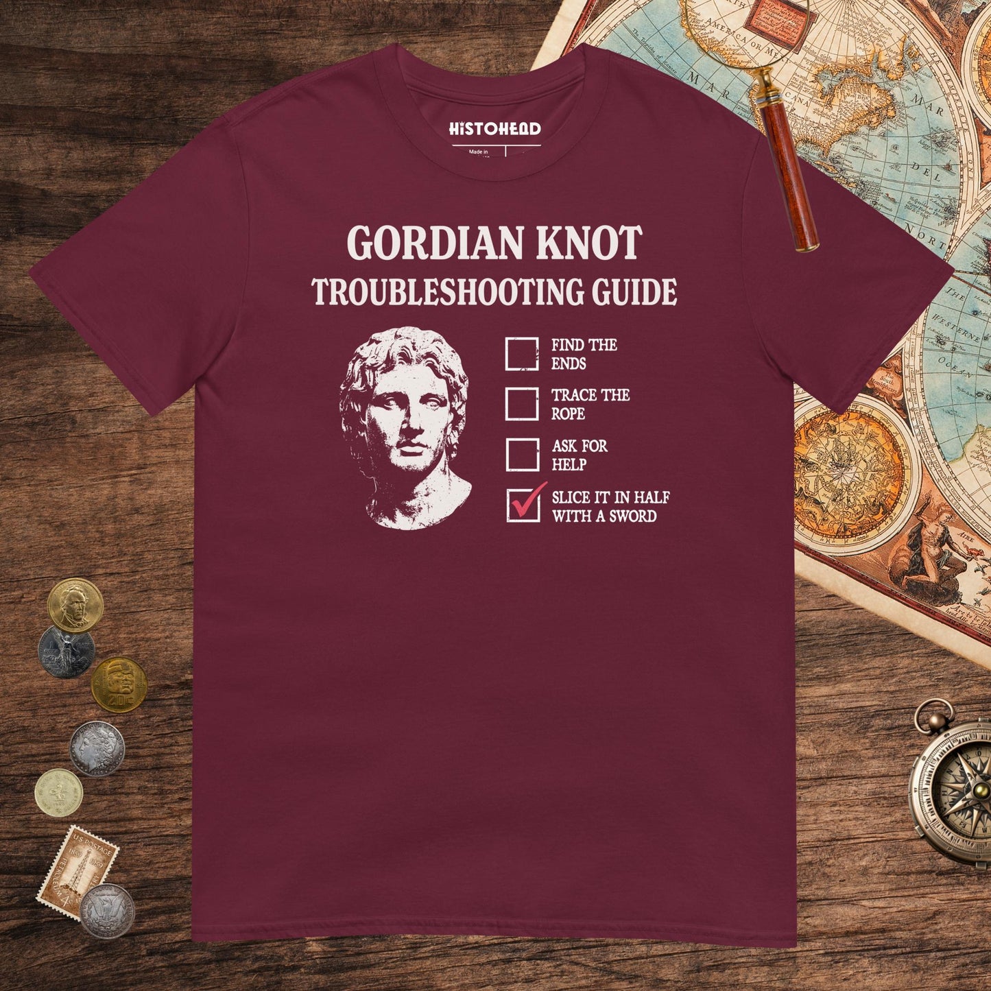 Maroon Alexander's Gordian Knot Guide Tee - history buff gift by HistoHead