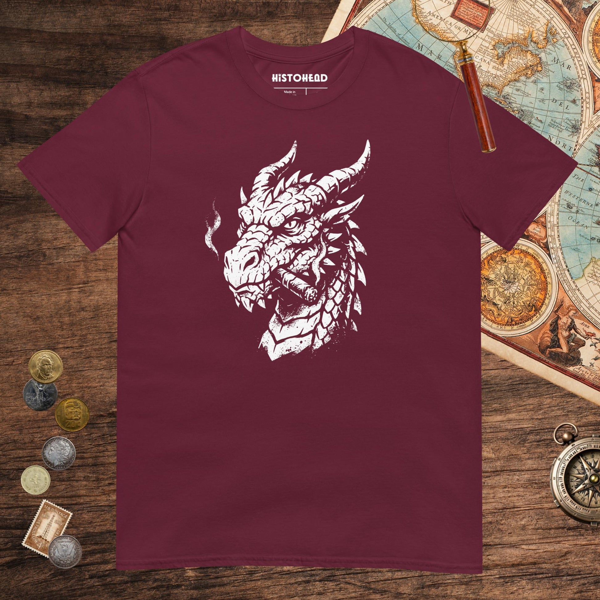 Maroon Smoking Dragon Tee - history buff gift by HistoHead