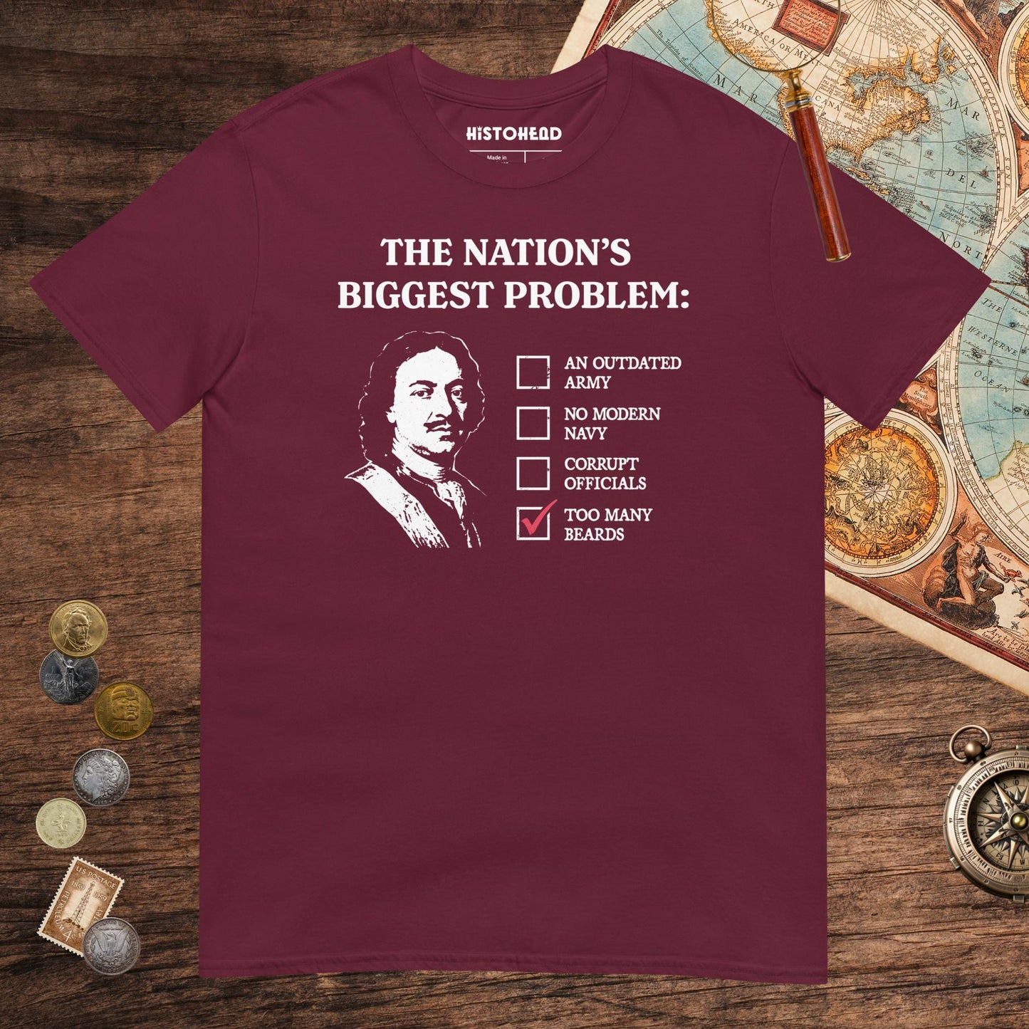 Maroon Peter the Great's Beard Tax Tee - history buff gift by HistoHead