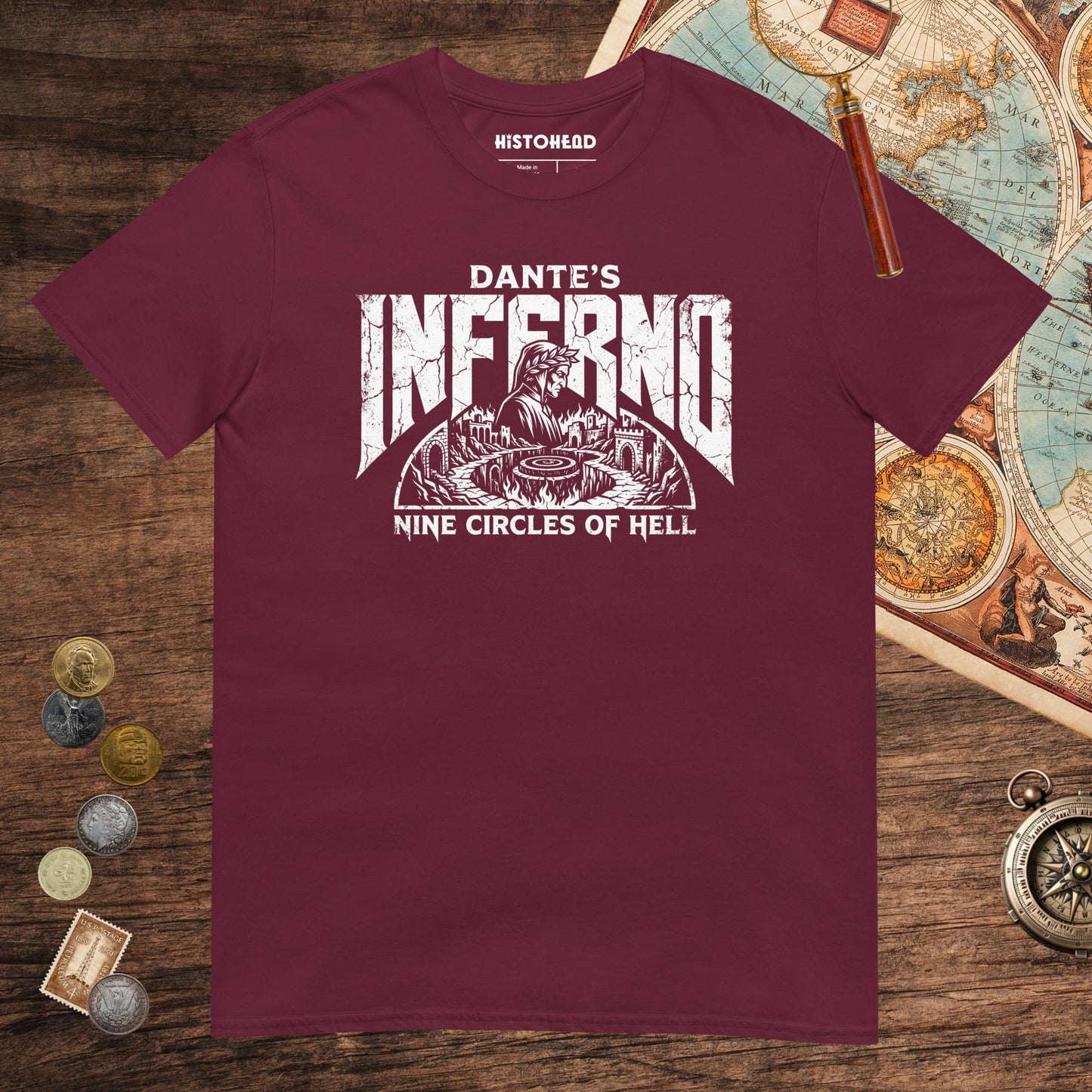 Maroon Dante's Inferno Tee - history buff gift by HistoHead