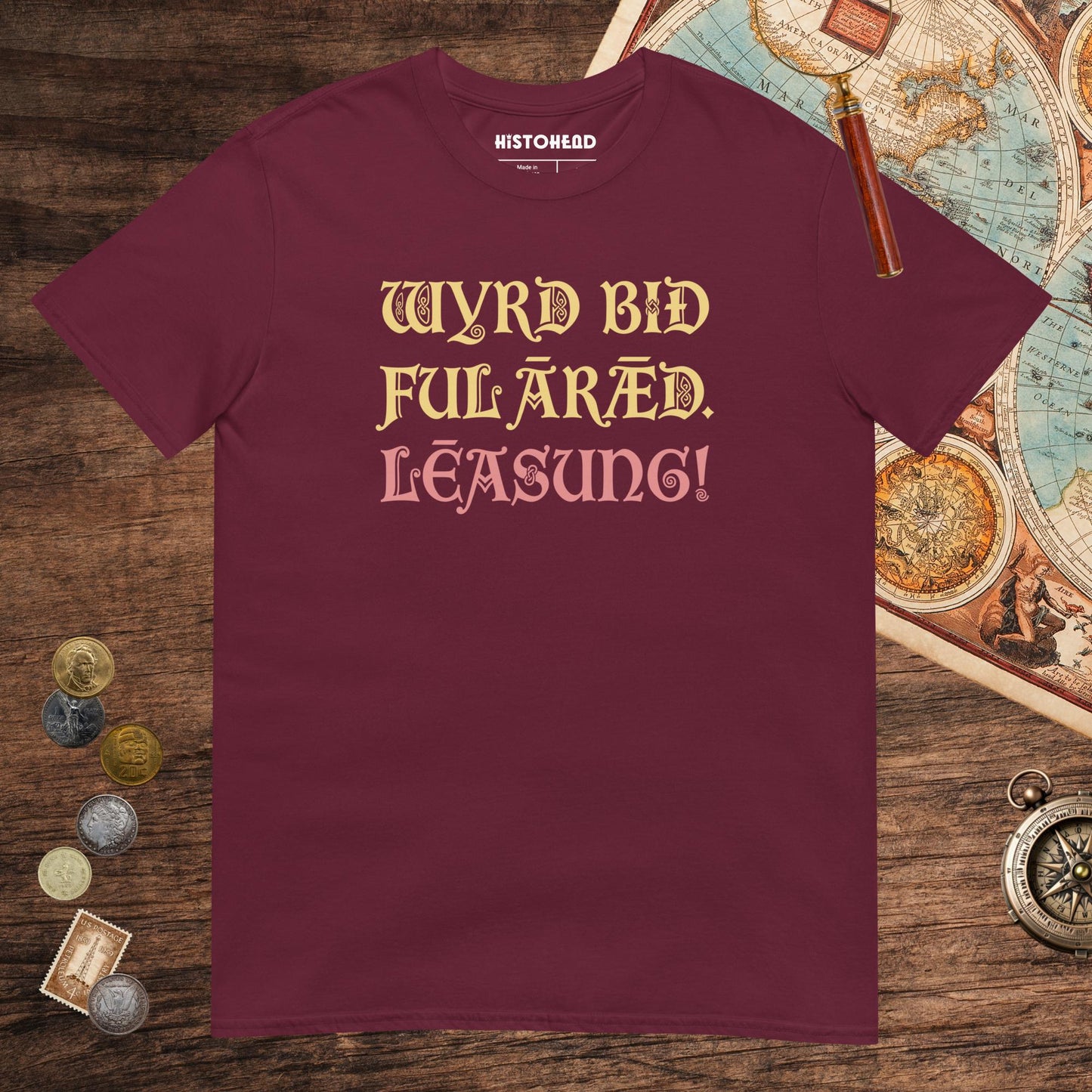 Maroon Old English Fate Denied Tee - history buff gift by HistoHead