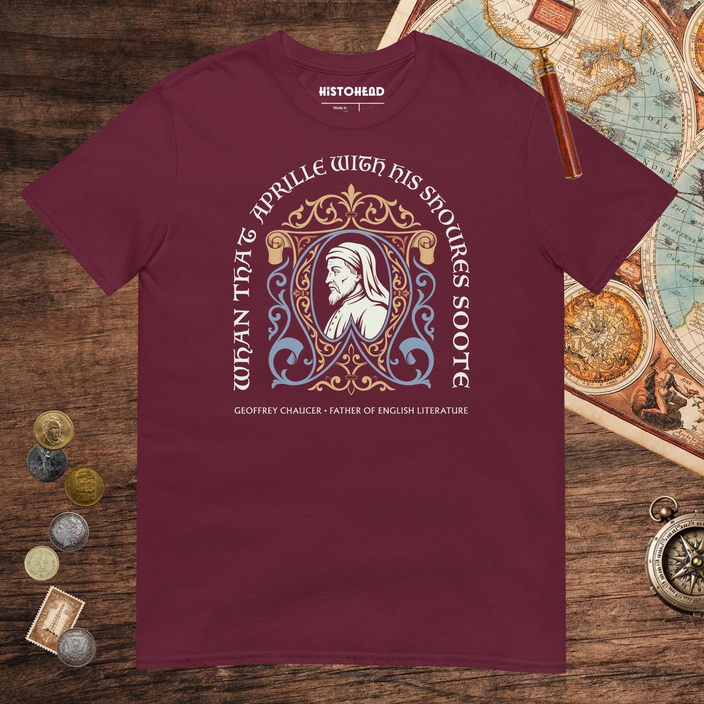 Maroon Geoffrey Chaucer Tee - history buff gift by HistoHead