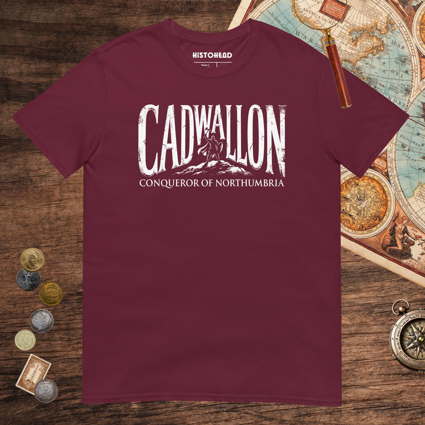 Maroon Cadwallon Conqueror of Northumbria Tee - history buff gift by HistoHead