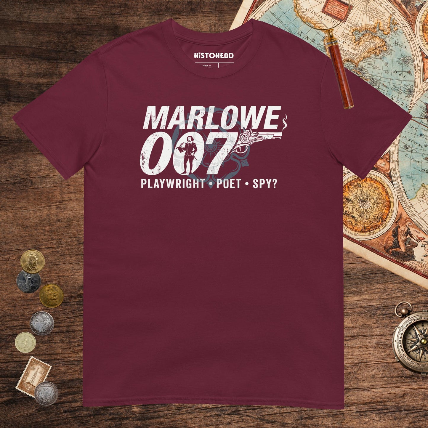 Maroon Marlowe 007 Tee - history buff gift by HistoHead