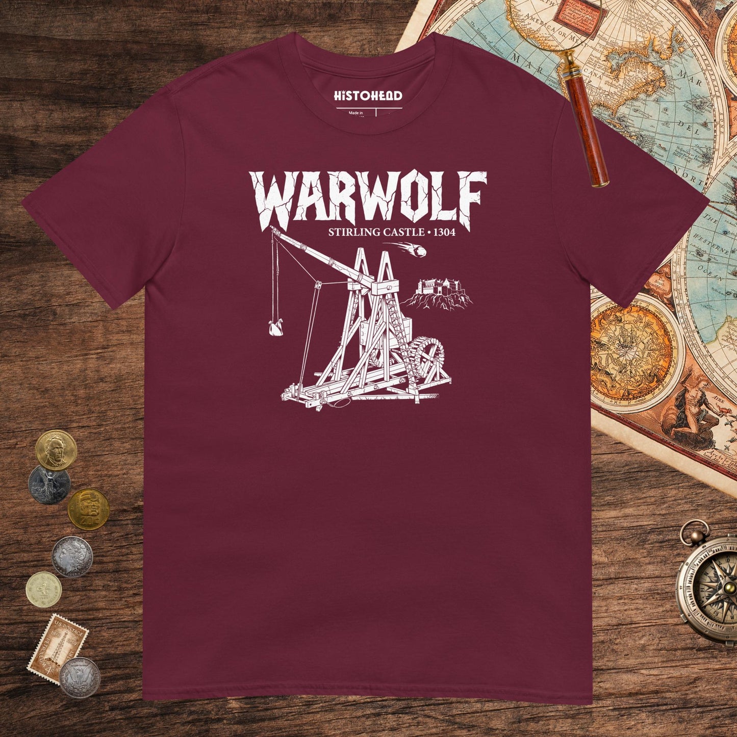 Maroon Warwolf Trebuchet Tee - history buff gift by HistoHead