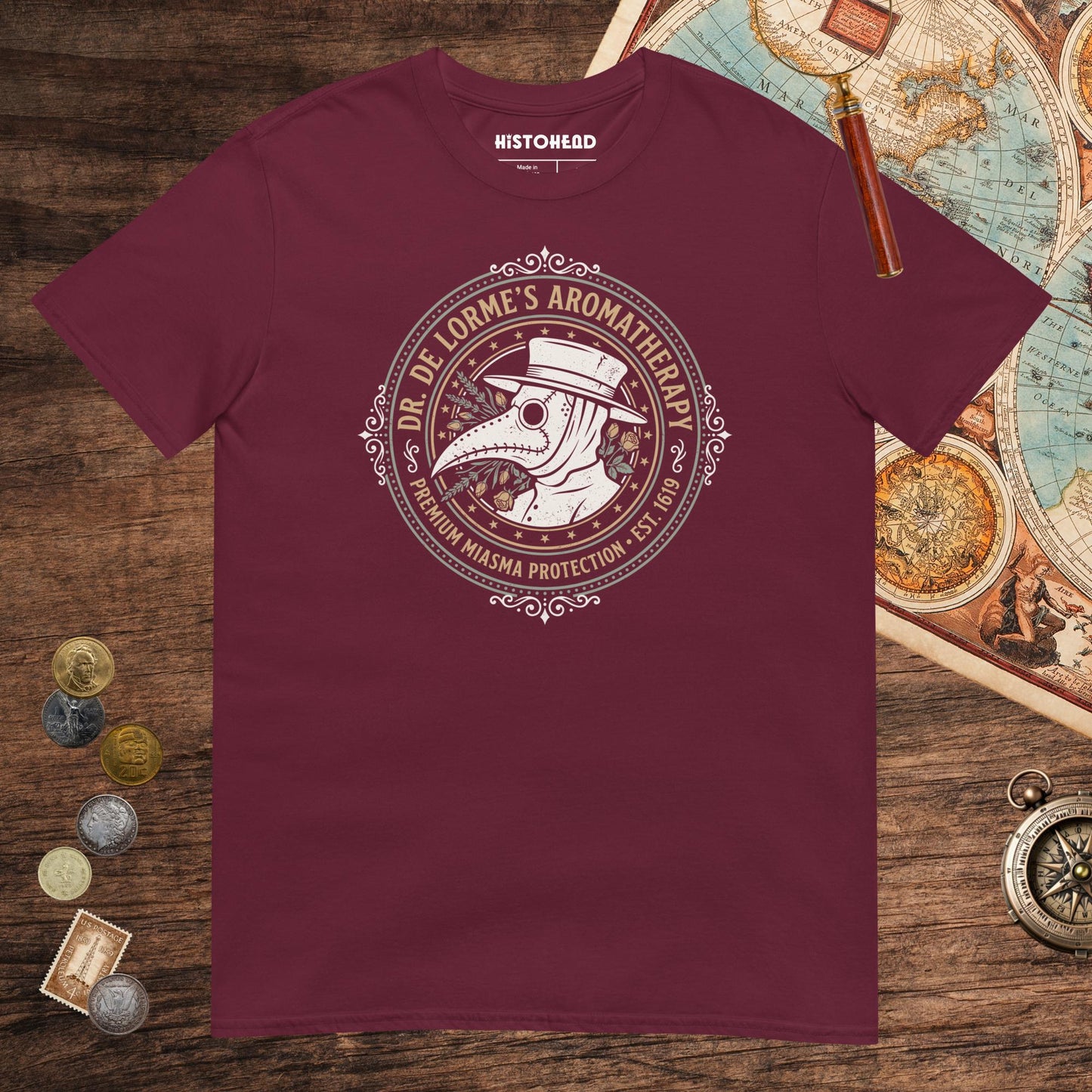 Maroon Dr. De Lorme's Aromatherapy Tee - history buff gift by HistoHead