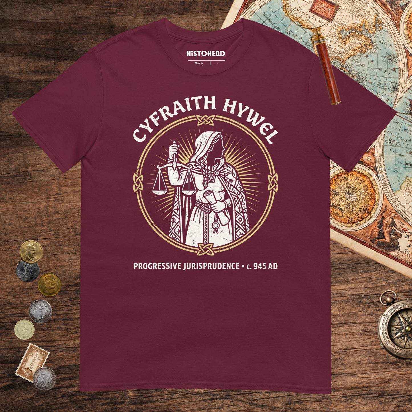 Maroon Cyfraith Hywel Progressive Jurisprudence Tee - history buff gift by HistoHead