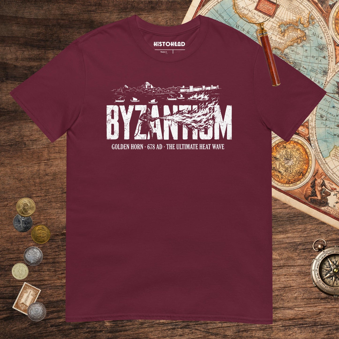 Maroon Greek Fire 678 Tee - history buff gift by HistoHead