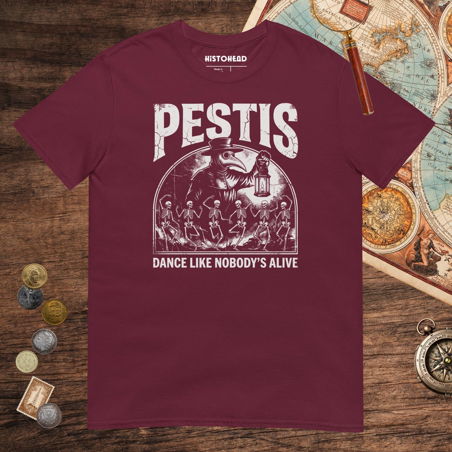 Maroon Pestis Dance Tee - history buff gift by HistoHead