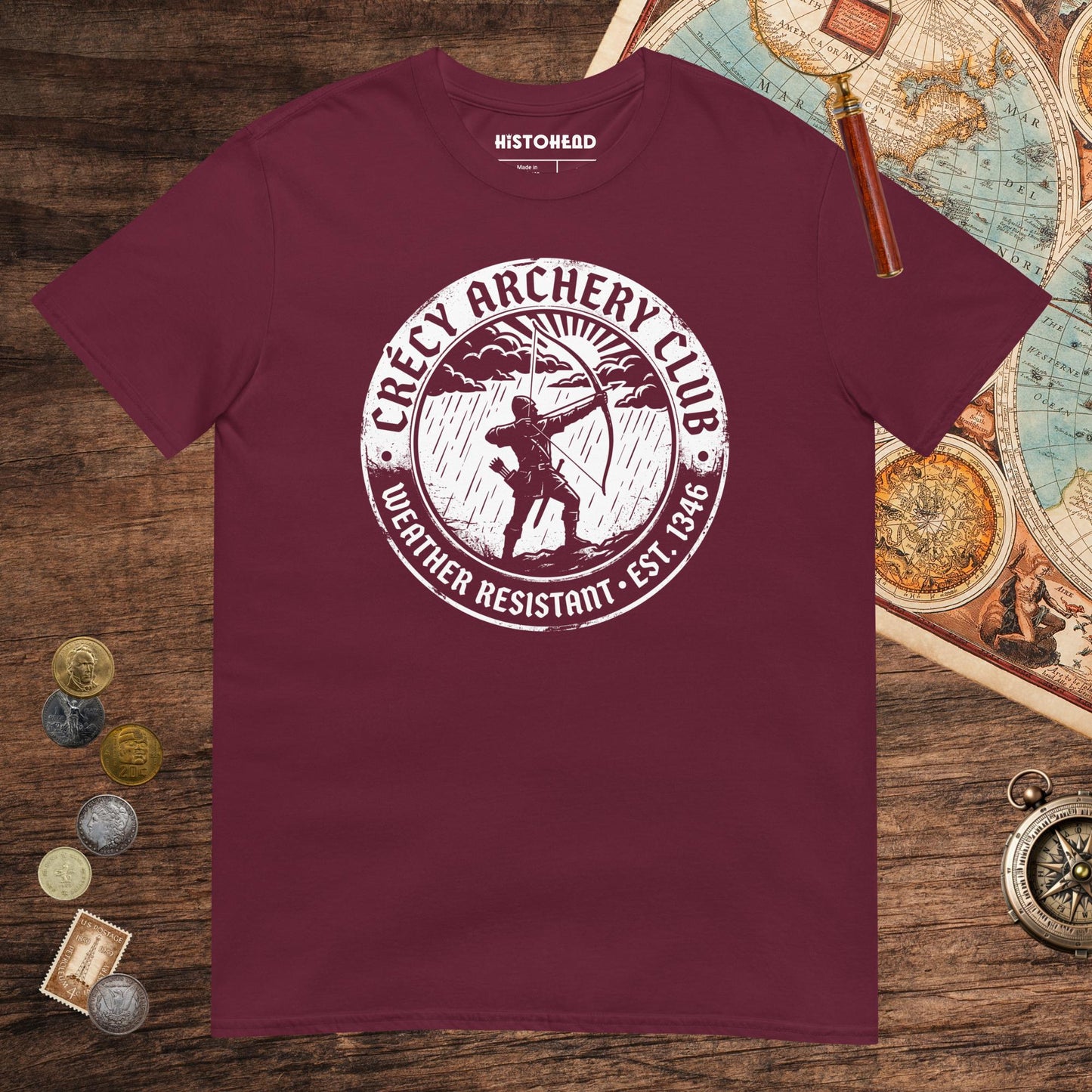 Maroon Crecy Archery Club Tee - history buff gift by HistoHead