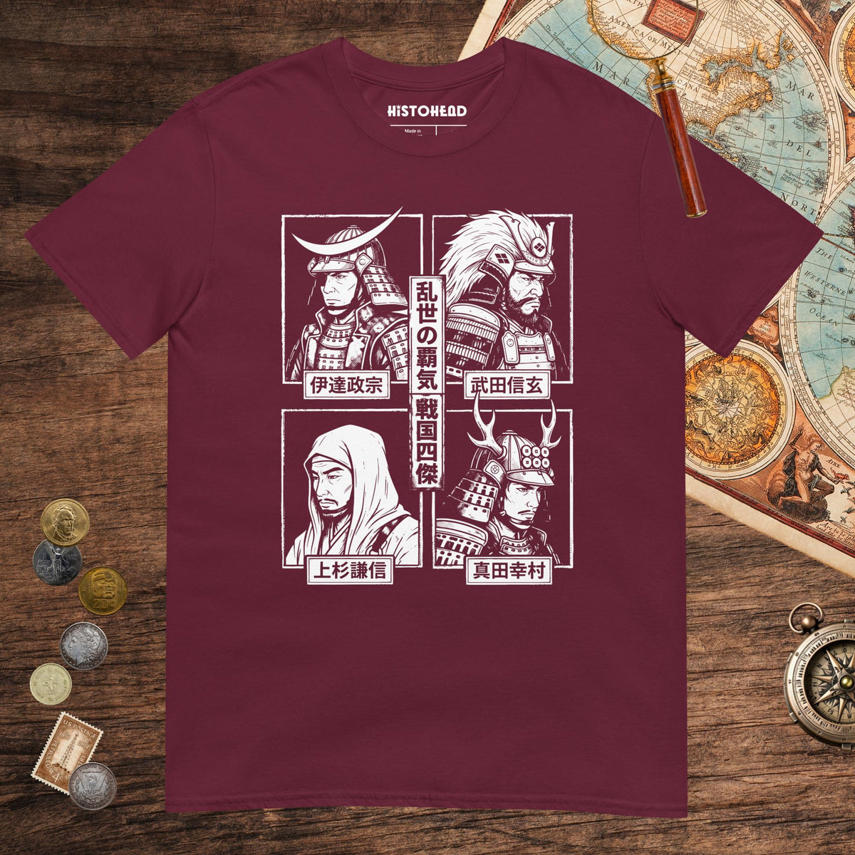 Maroon Sengoku Four Legends Tee - history buff gift by HistoHead