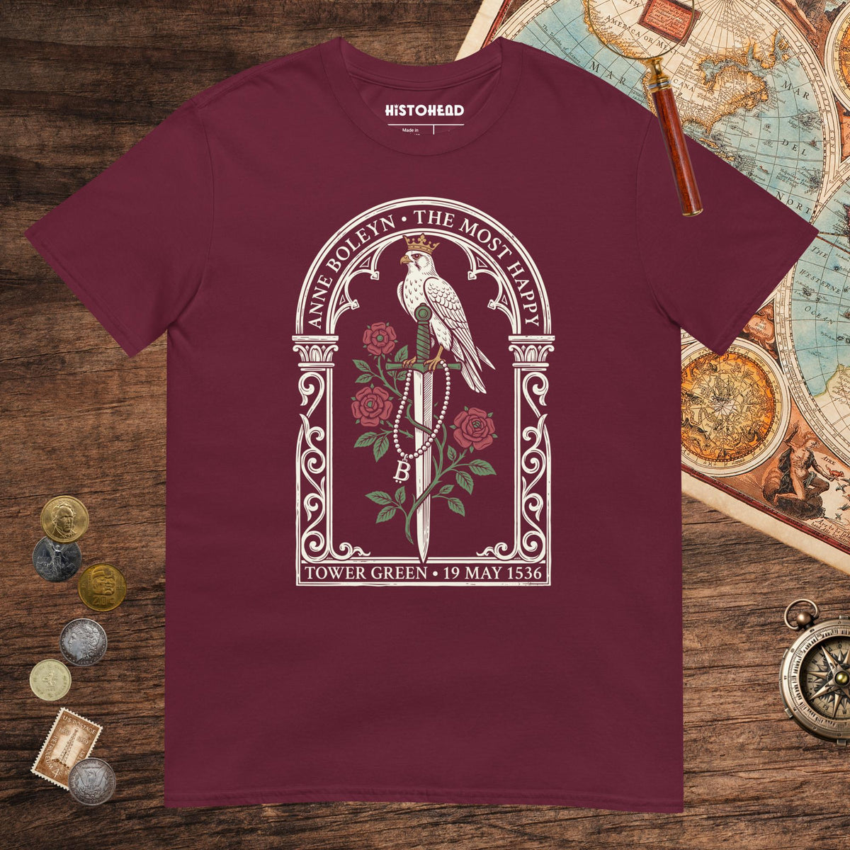 Maroon Anne Boleyn Falcon Tee - history buff gift by HistoHead