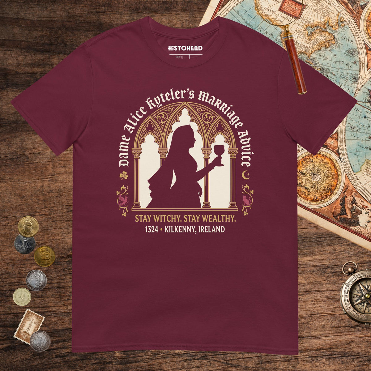 Maroon Alice Kyteler's Marriage Advice Tee - history buff gift by HistoHead