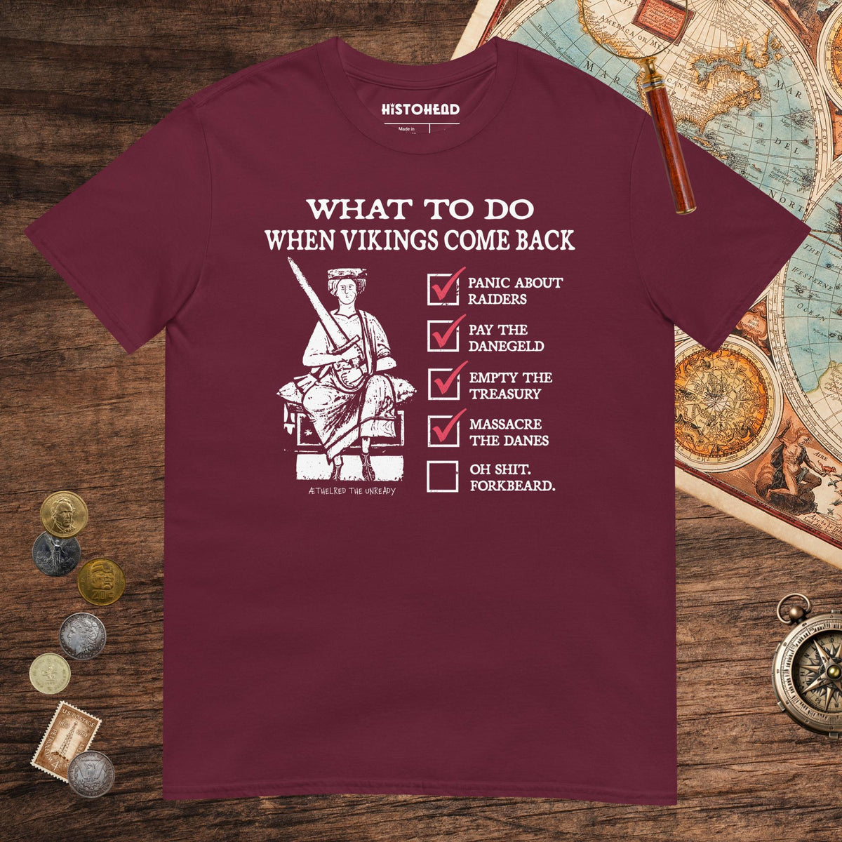 Maroon Æthelred the Unready Viking Raid Survival Guide Tee - history buff gift by HistoHead