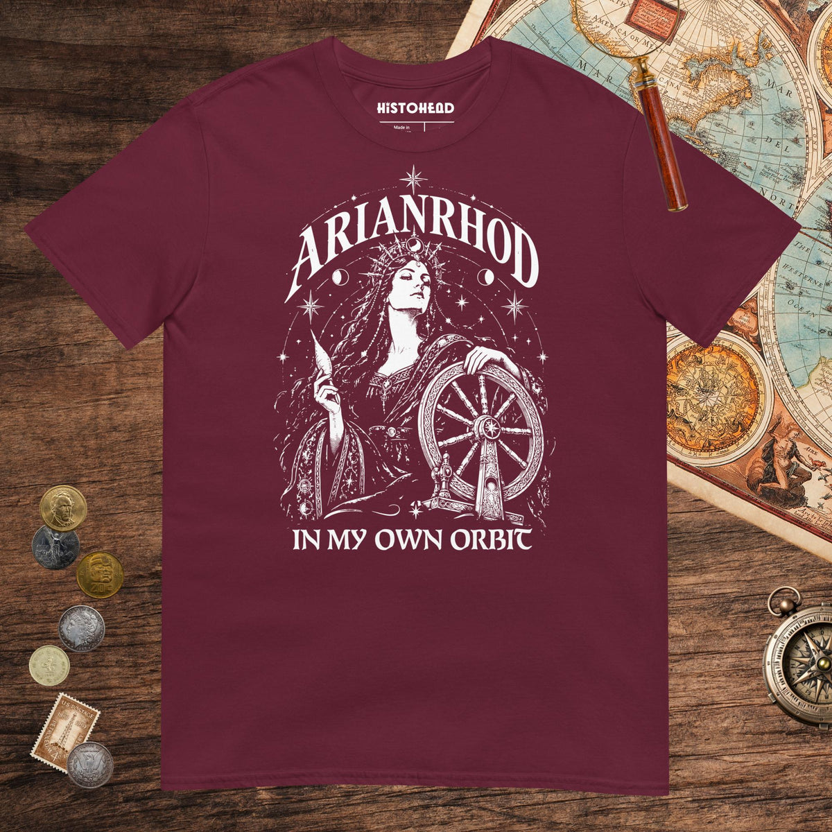 Maroon Arianrhod In My Own Orbit Tee - history buff gift by HistoHead