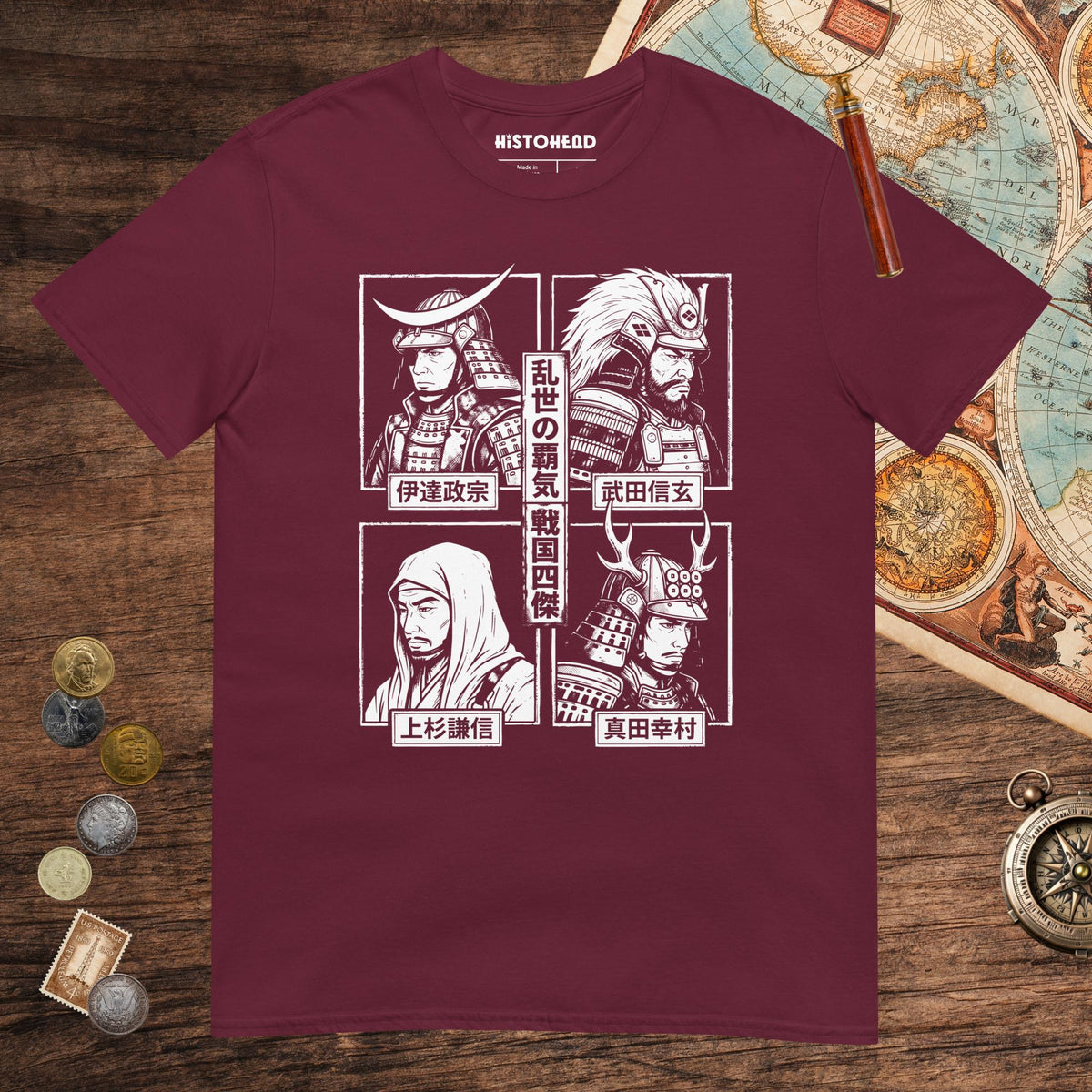 Maroon Sengoku Four Legends Tee - history buff gift by HistoHead