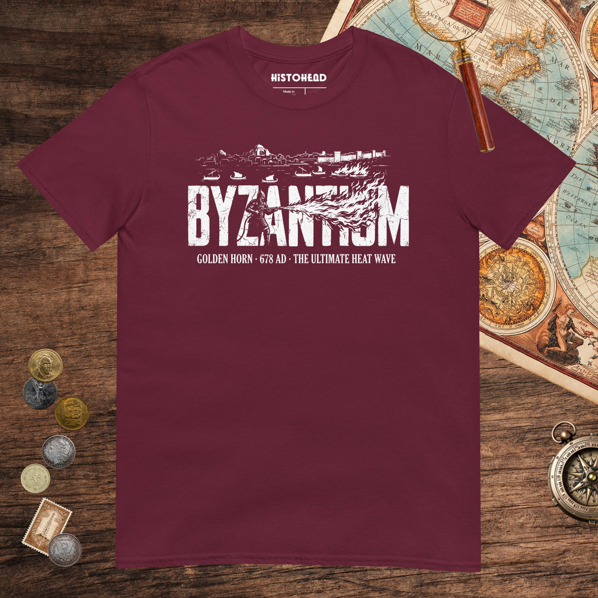 Maroon Greek Fire 678 Tee - history buff gift by HistoHead