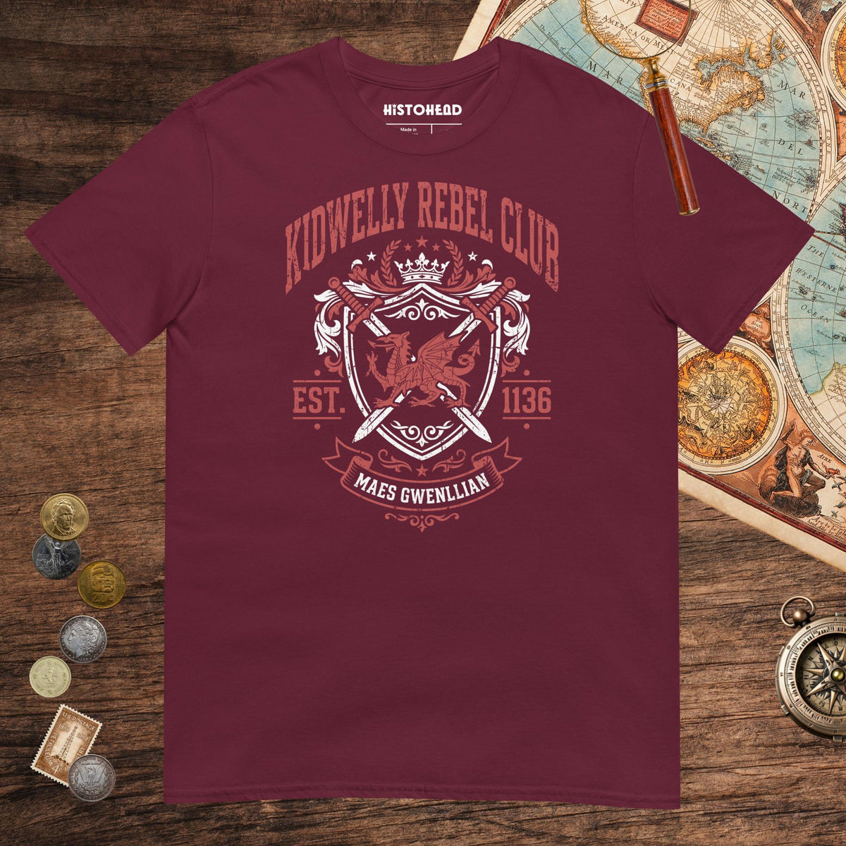 Maroon Kidwelly Rebel Club Maes Gwenllian 1136 Tee - history buff gift by HistoHead