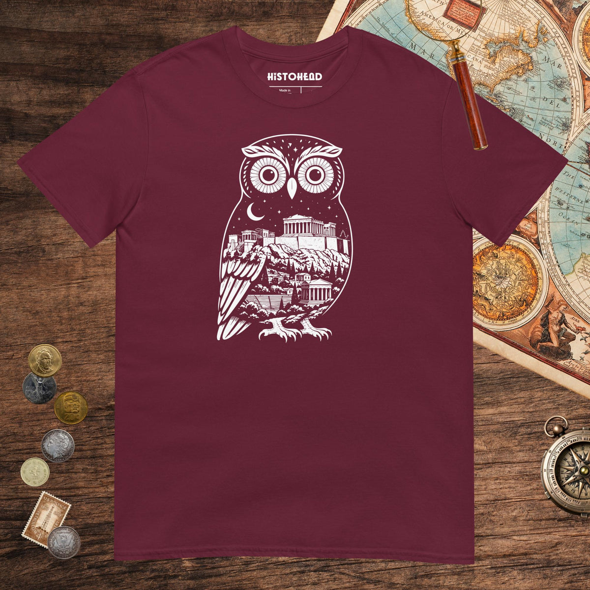 Maroon Athena Owl Tee - history buff gift by HistoHead