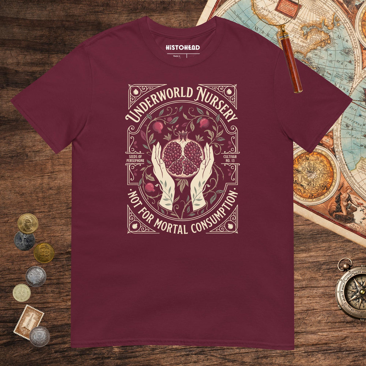 Maroon Persephone Underworld Nursery Tee - history buff gift by HistoHead