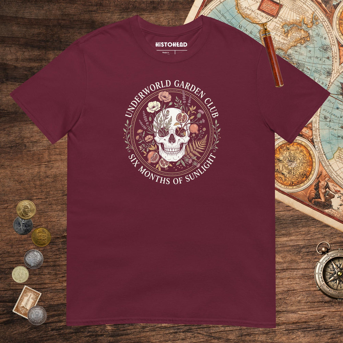Maroon Persephone Underworld Garden Club Tee - history buff gift by HistoHead