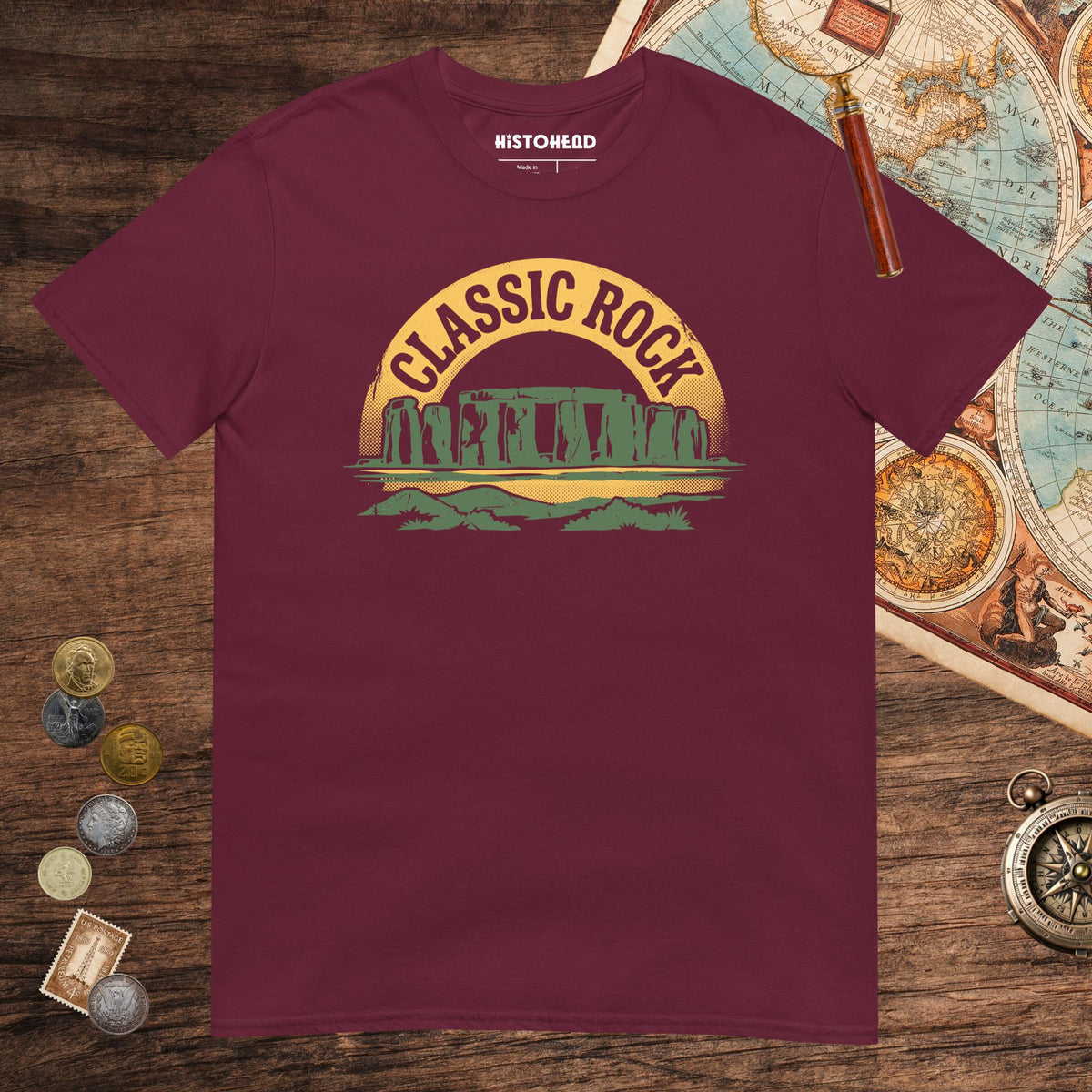 Maroon Stonehenge Classic Rock Tee - history buff gift by HistoHead