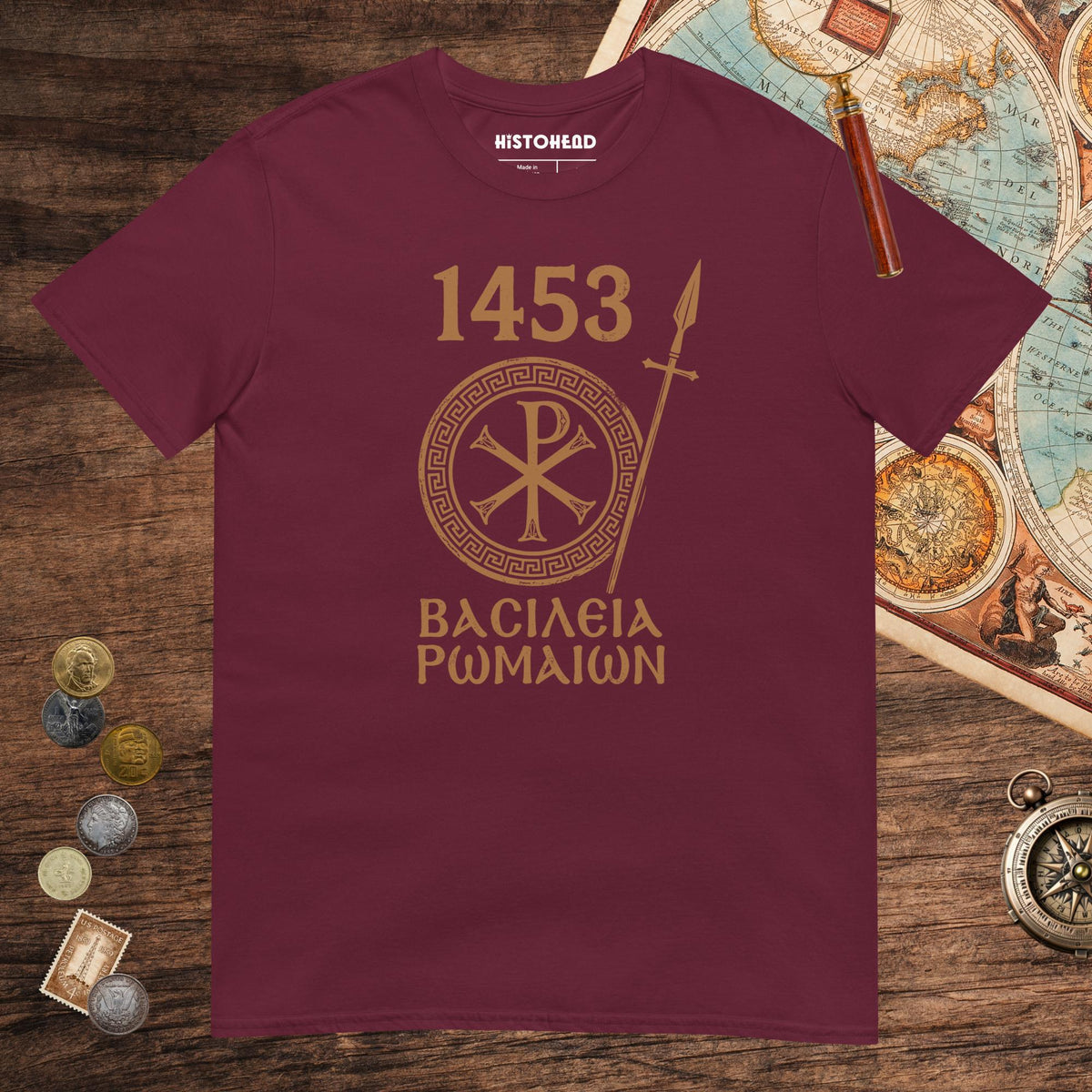 Maroon 1453 Empire of the Romans in Greek Tee - history buff gift by HistoHead