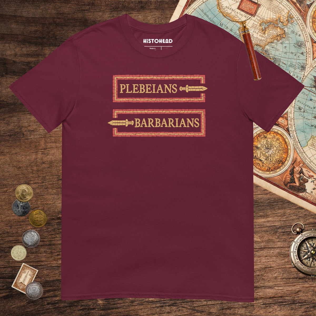 Maroon Mosaic Plebeians or Barbarians Tee - history buff gift by HistoHead