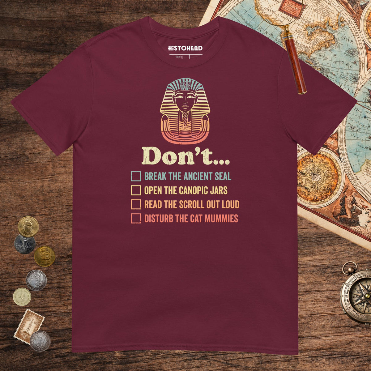Maroon King Tutankhamun Advice Tee - history buff gift by HistoHead