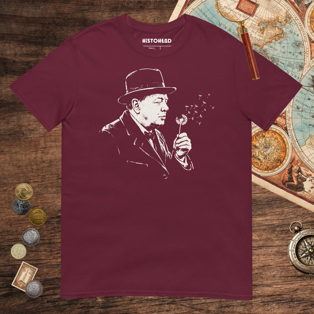 Maroon Winston Churchill Blowing Wishes Tee - history buff gift by HistoHead
