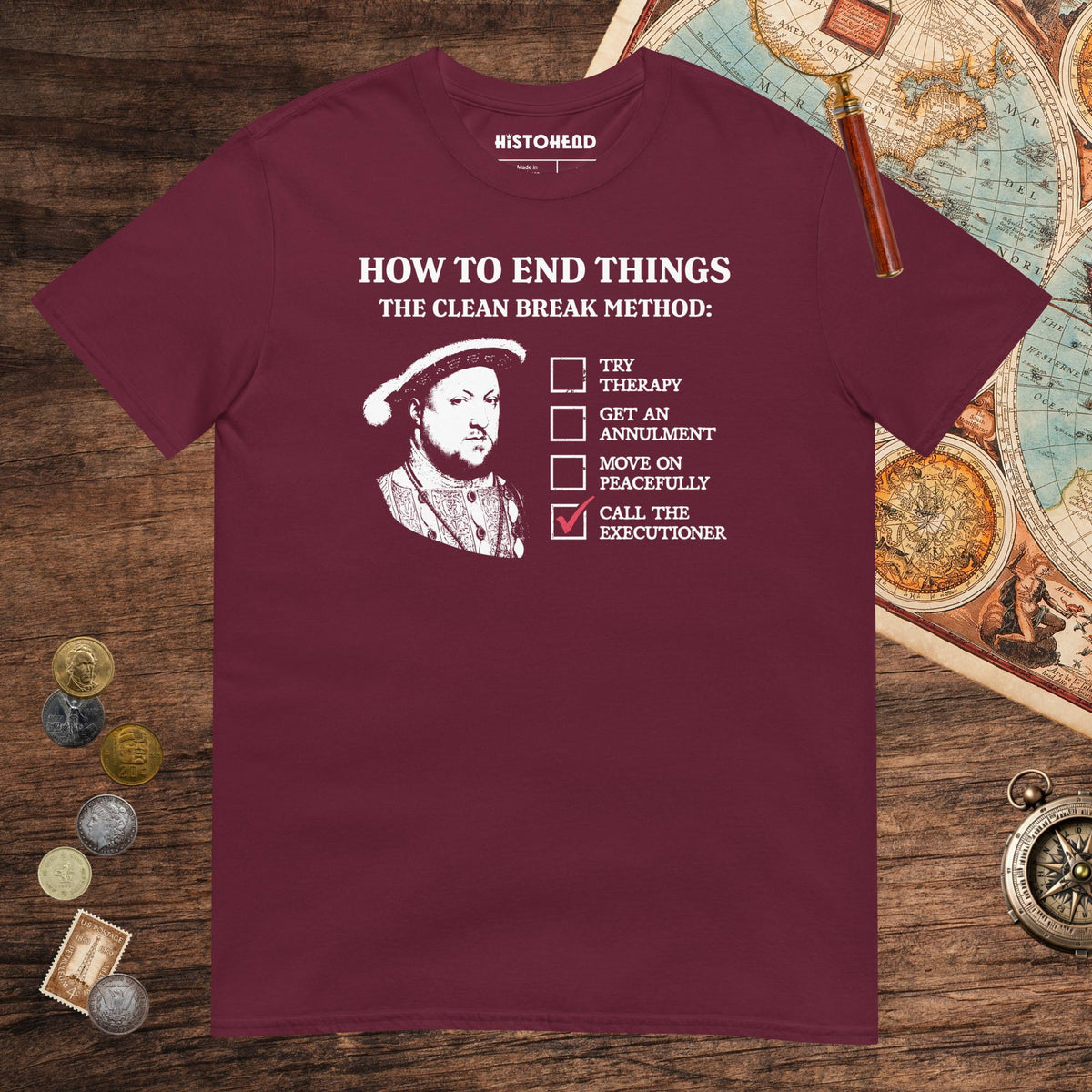 Maroon Henry VIII's Breakup Guide Tee - history buff gift by HistoHead