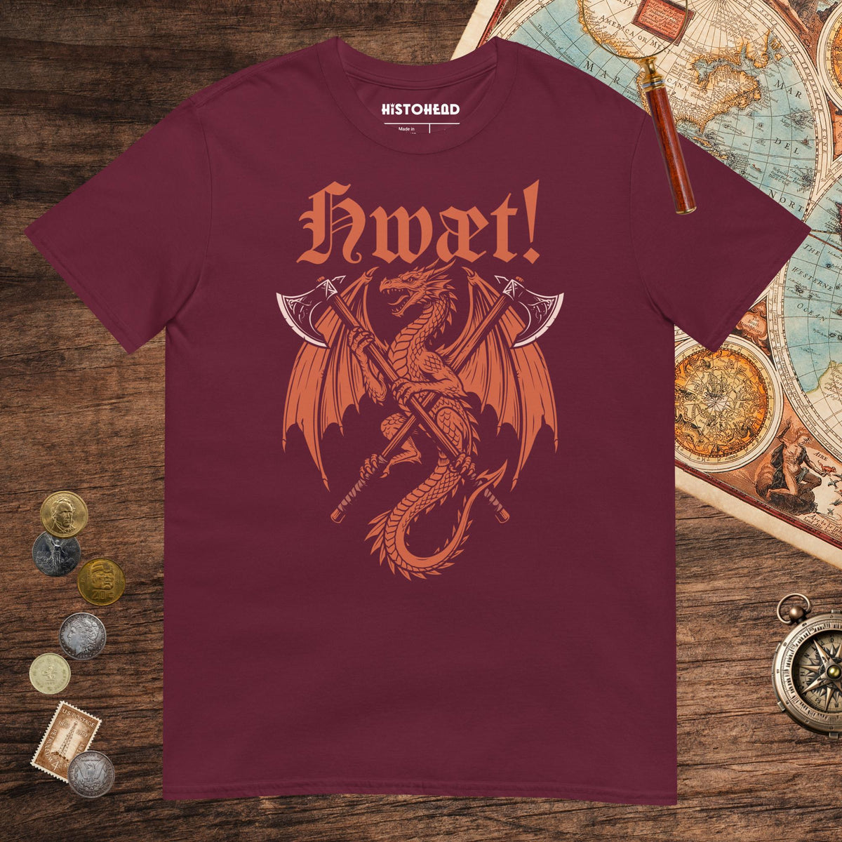 Maroon Hwæt Dragon Axe Tee - history buff gift by HistoHead