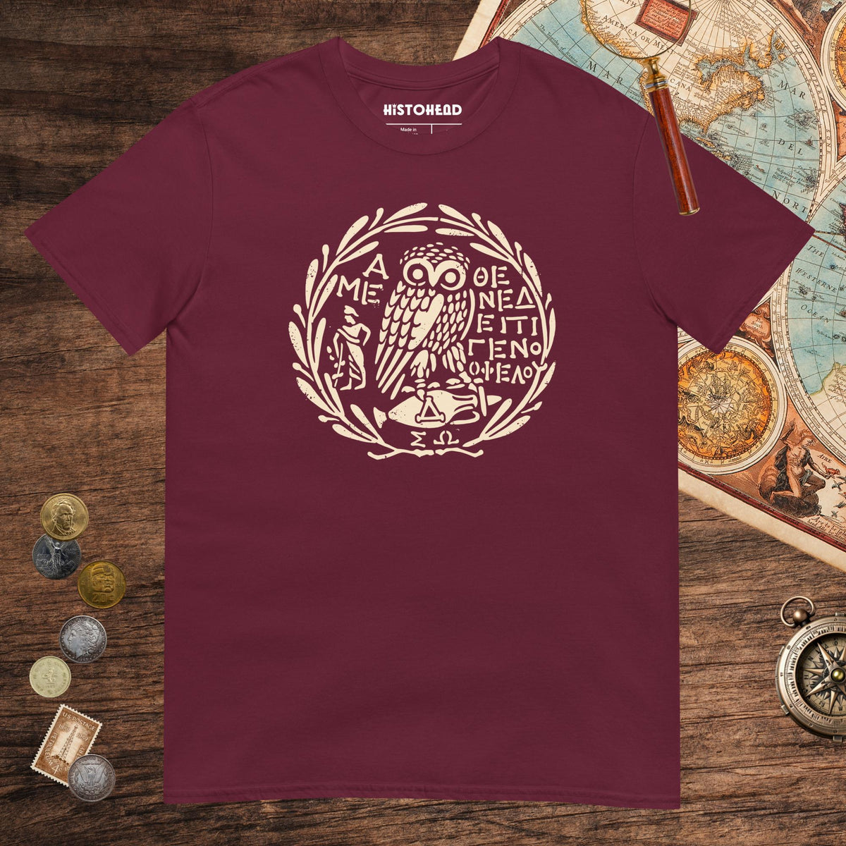 Maroon Owl of Athena 2 Tee - history buff gift by HistoHead