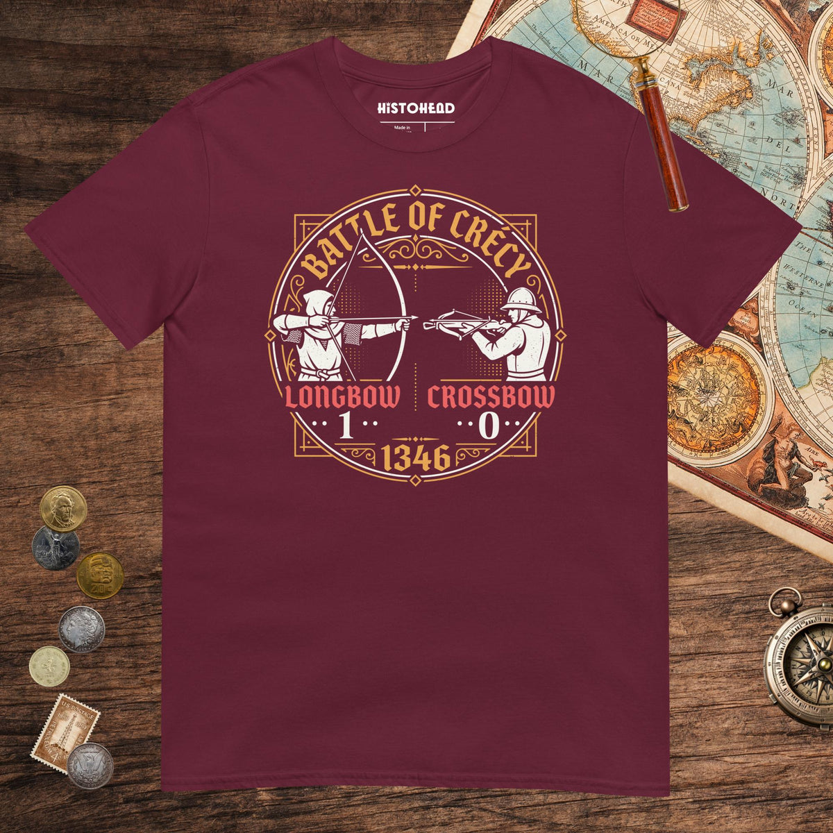 Maroon Battle of Crécy Longbow vs Crossbow Tee - history buff gift by HistoHead
